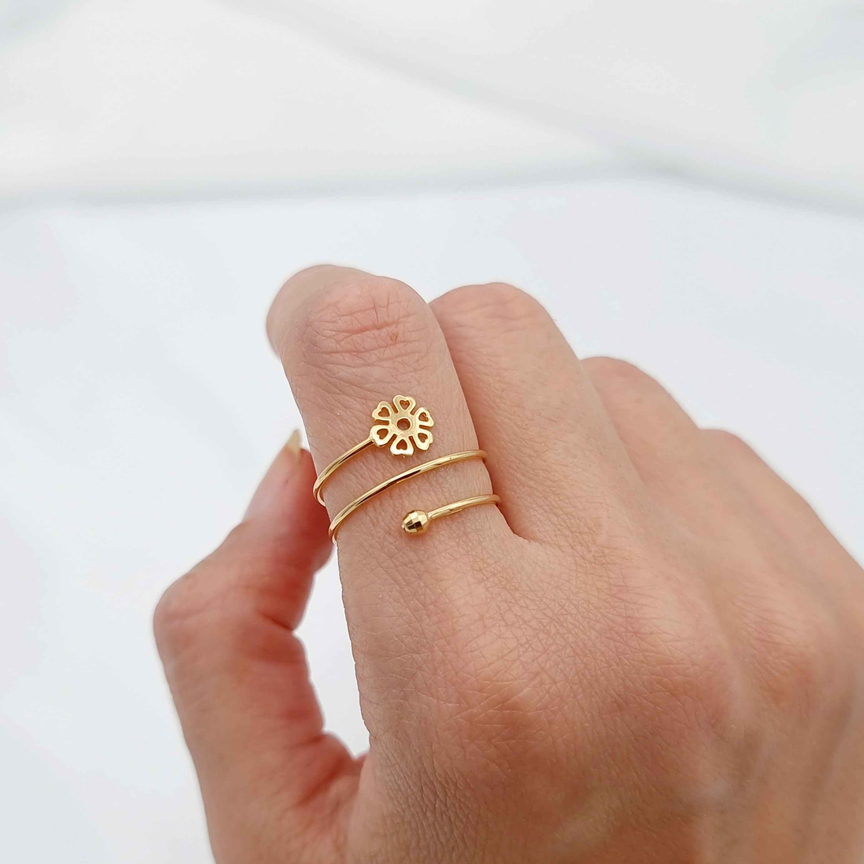 18K Pure Gold Adjustable Heart Flower Ring