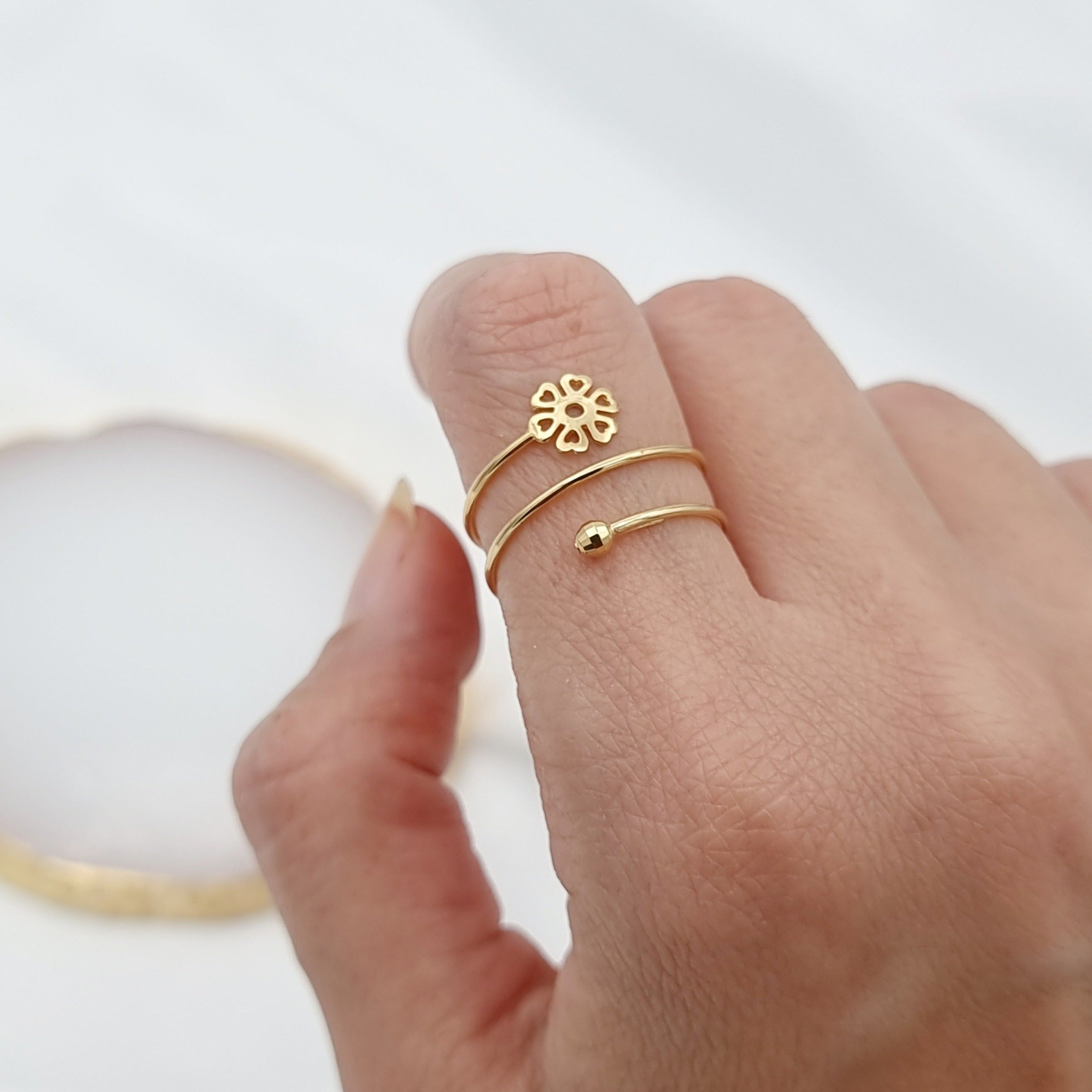 18K Pure Gold Adjustable Heart Flower Ring