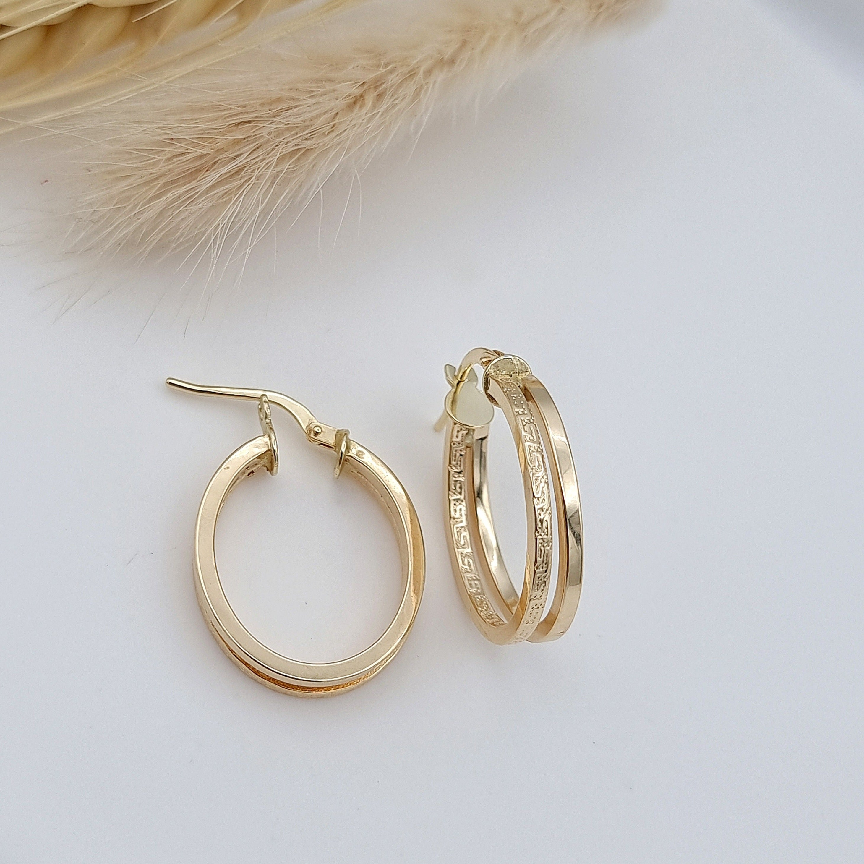 18K Pure Gold Double Oval Earring Set