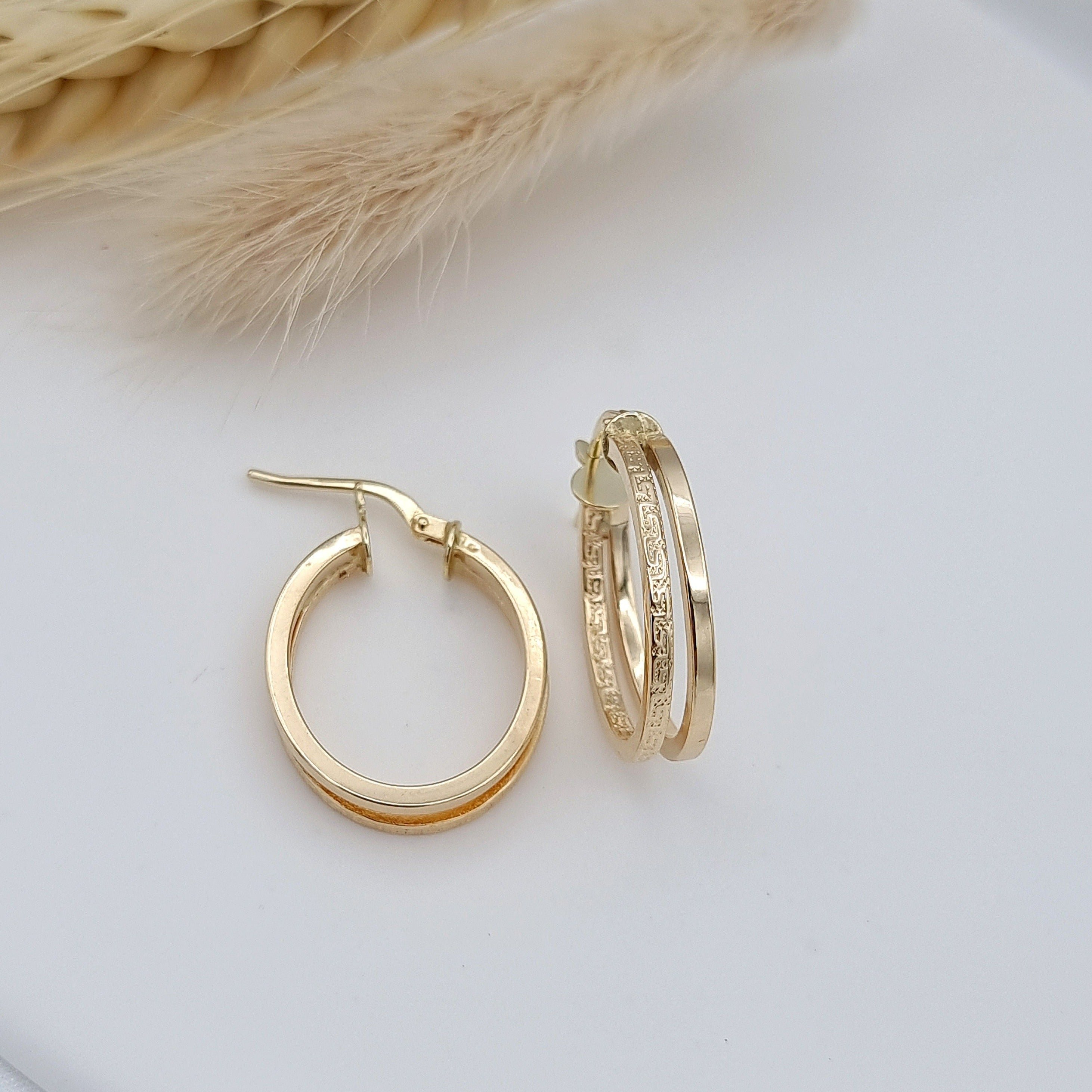 18K Pure Gold Double Oval Earring Set