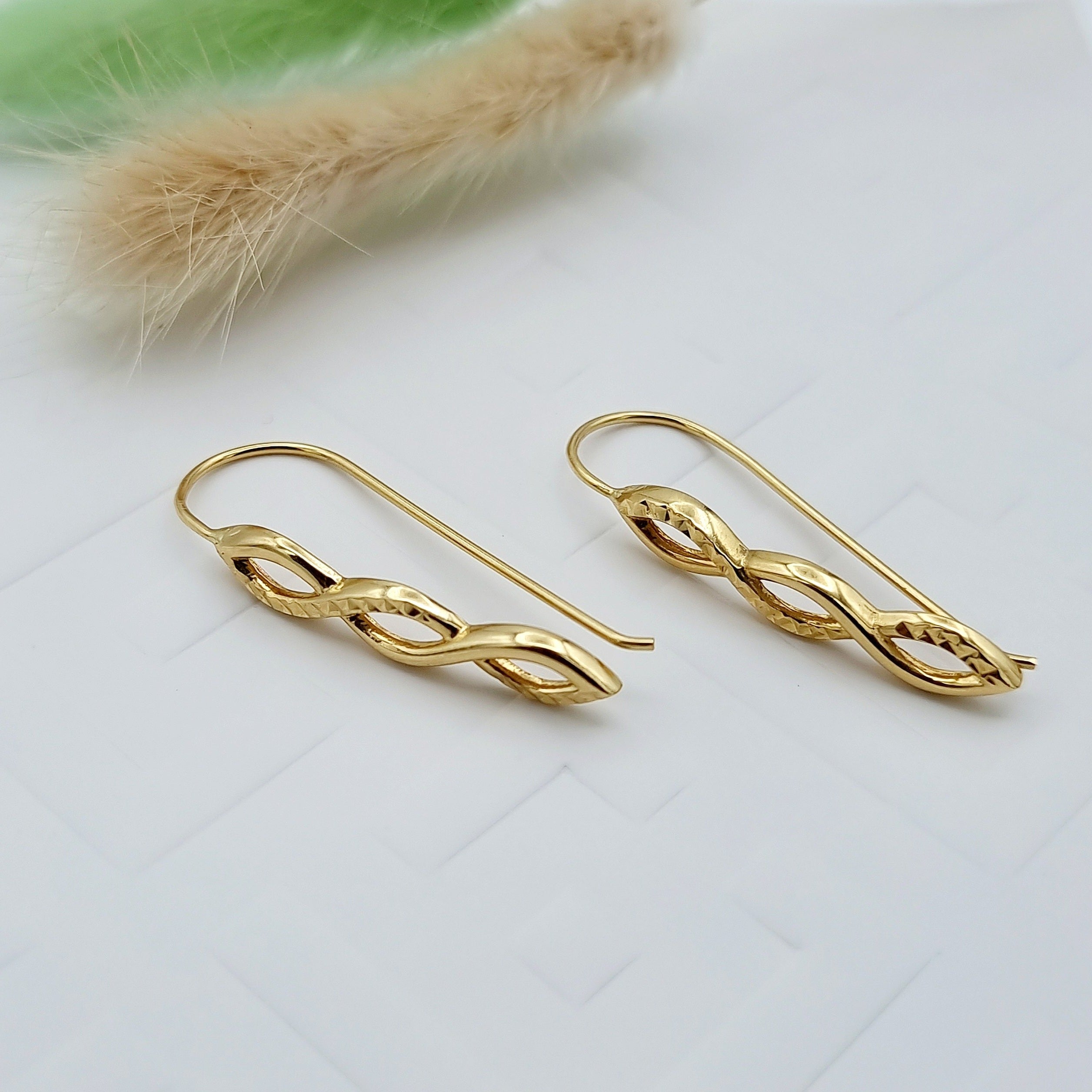 18K Pure Gold Long Twisted Earring Set