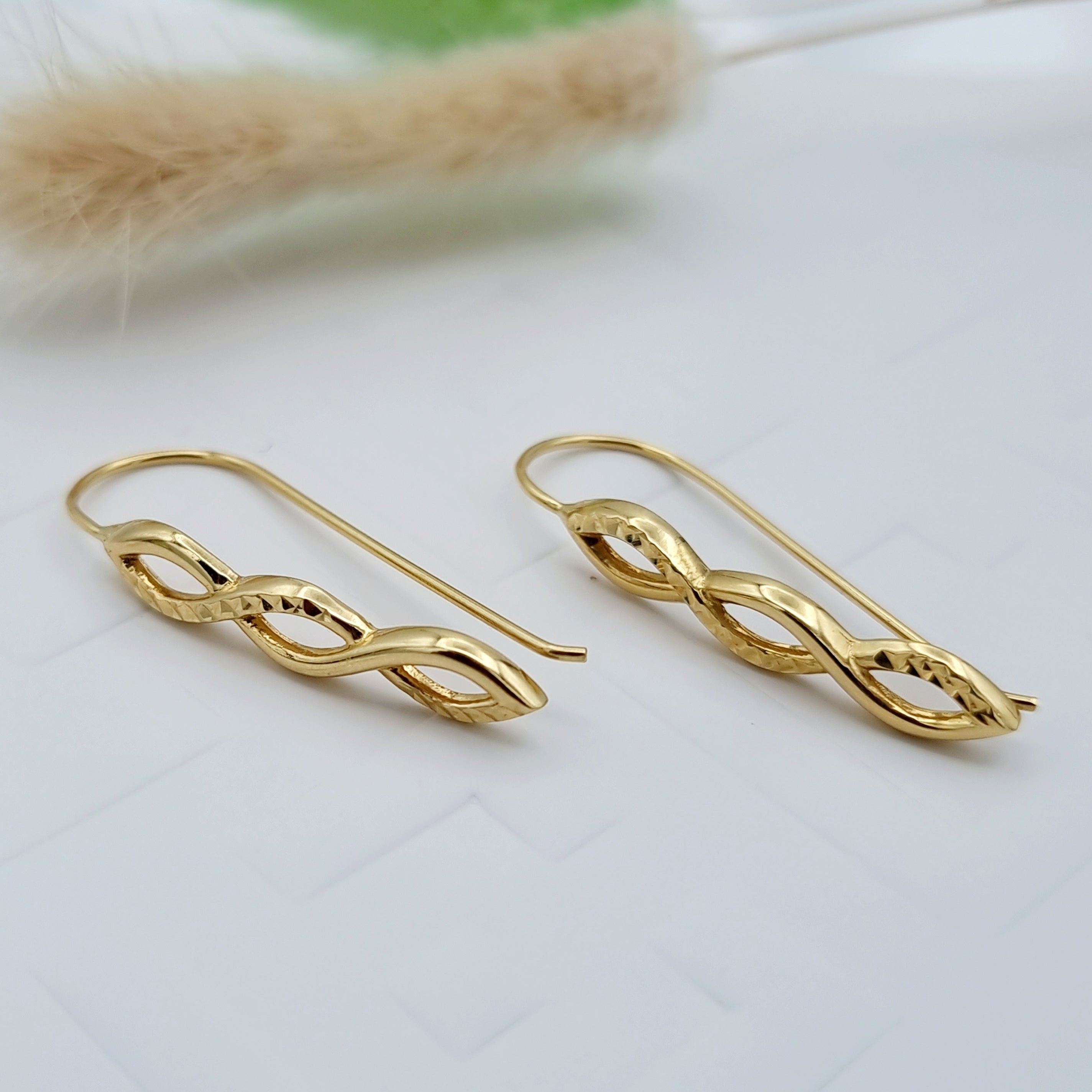 18K Pure Gold Long Twisted Earring Set