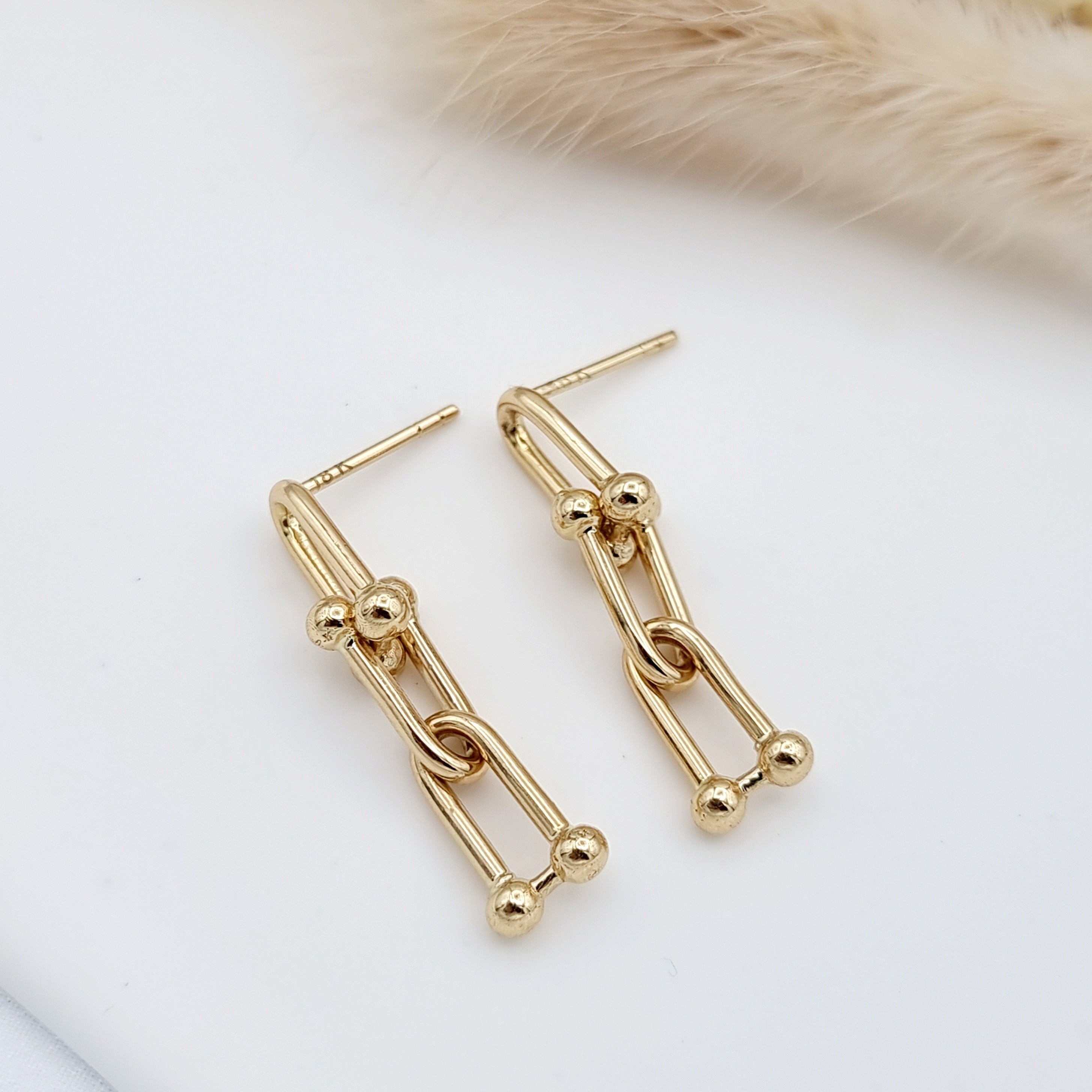 18K Pure Gold U-Link Hanging Earring Set