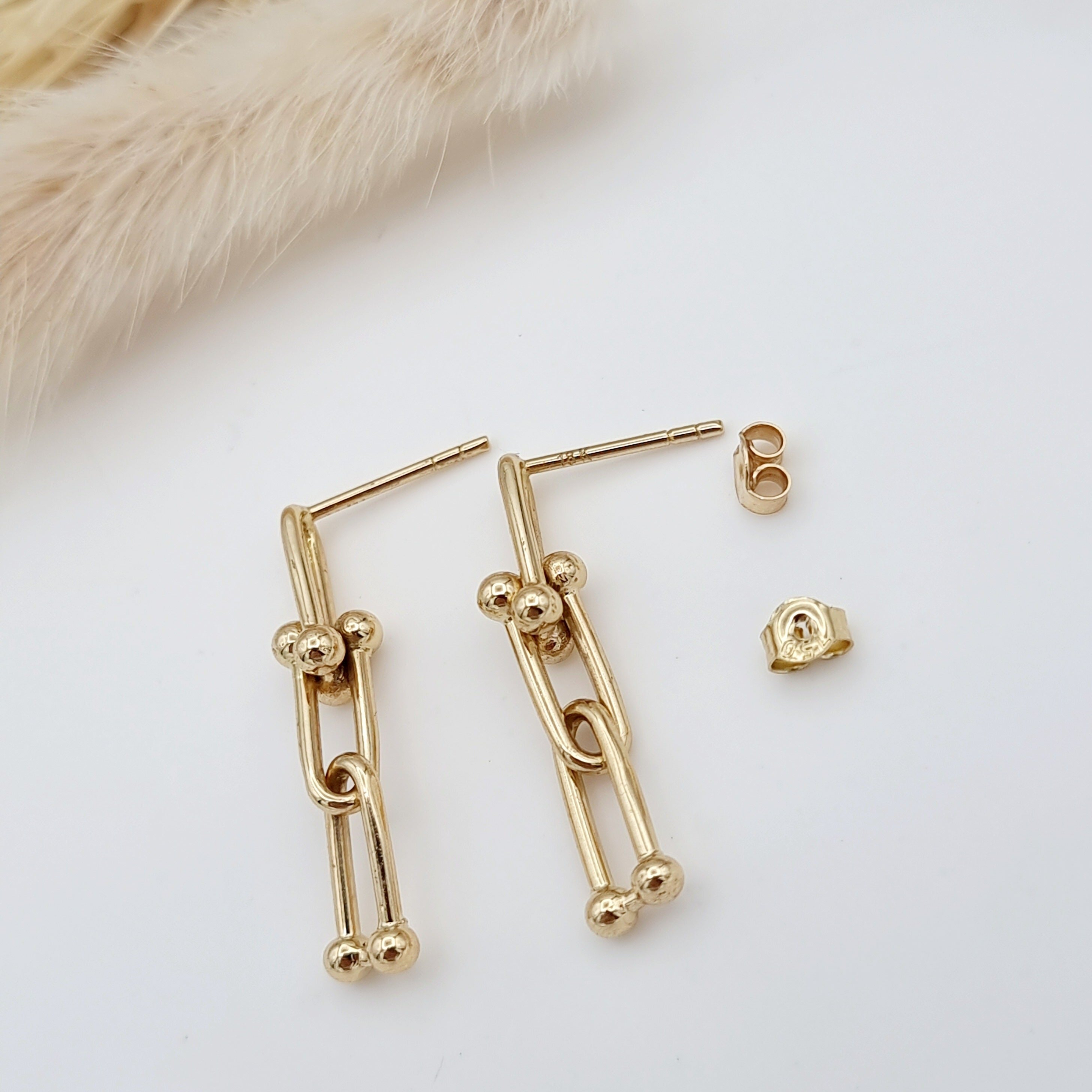 18K Pure Gold U-Link Hanging Earring Set