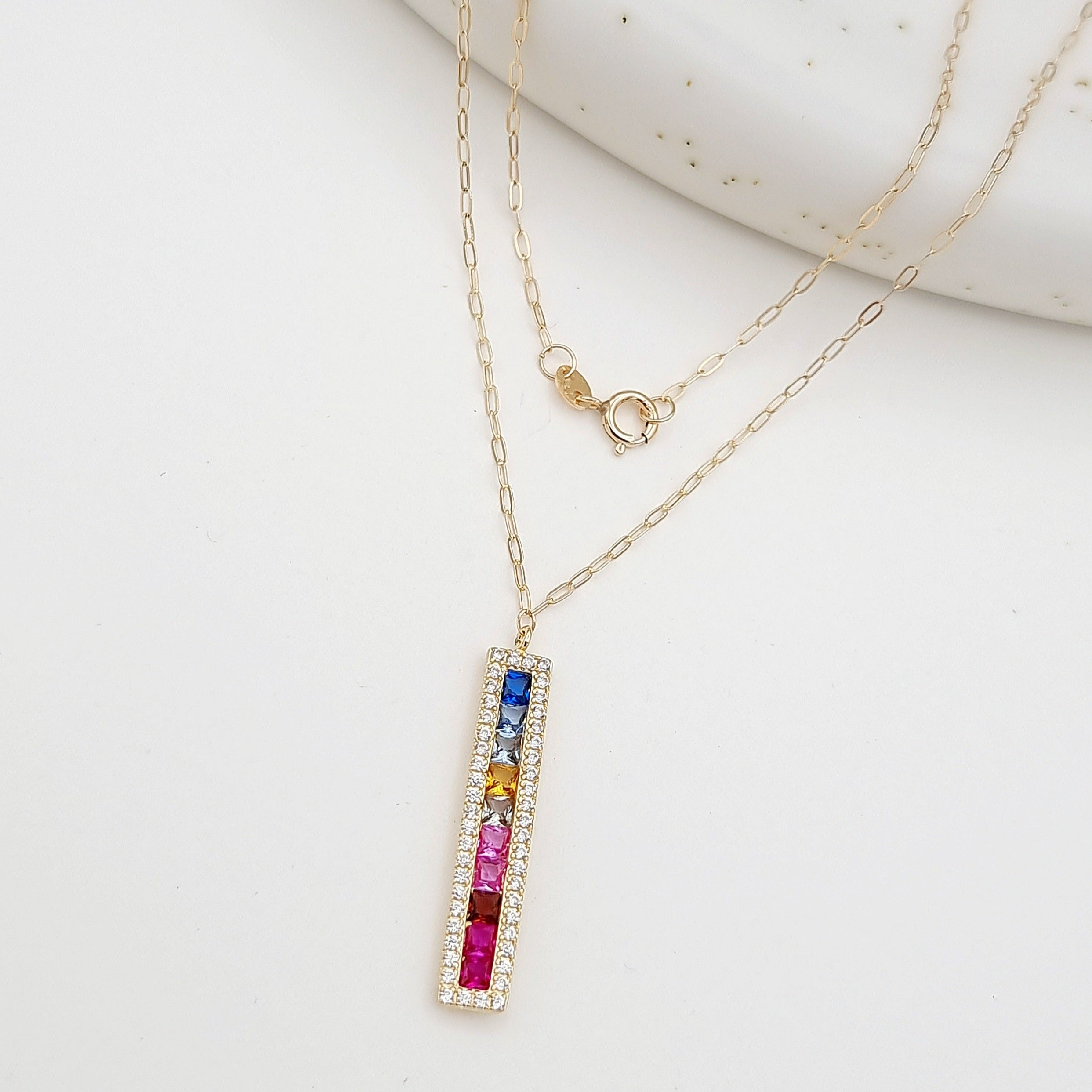 18K Pure Gold Multi Color Long Stone Necklace