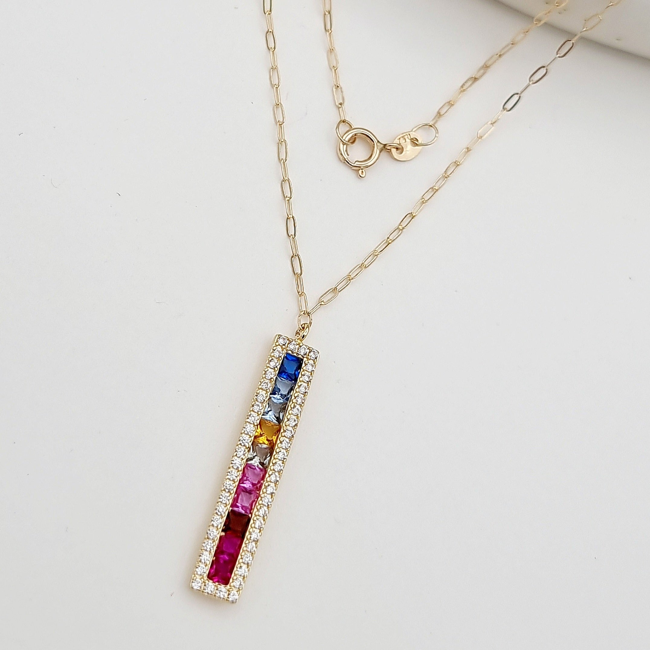 18K Pure Gold Multi Color Long Stone Necklace