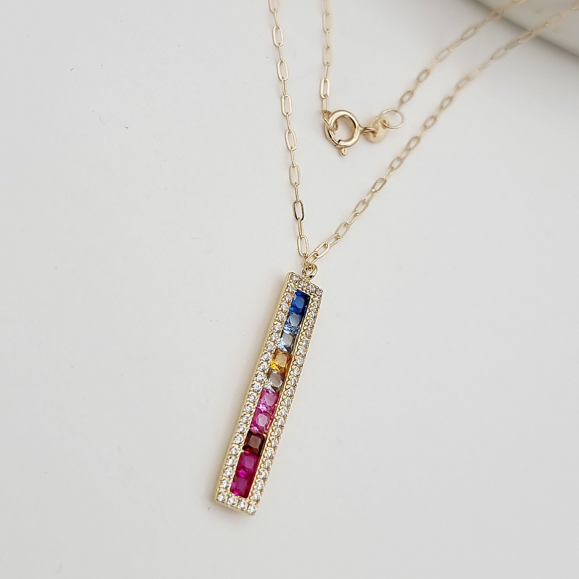 18K Pure Gold Multi Color Long Stone Necklace