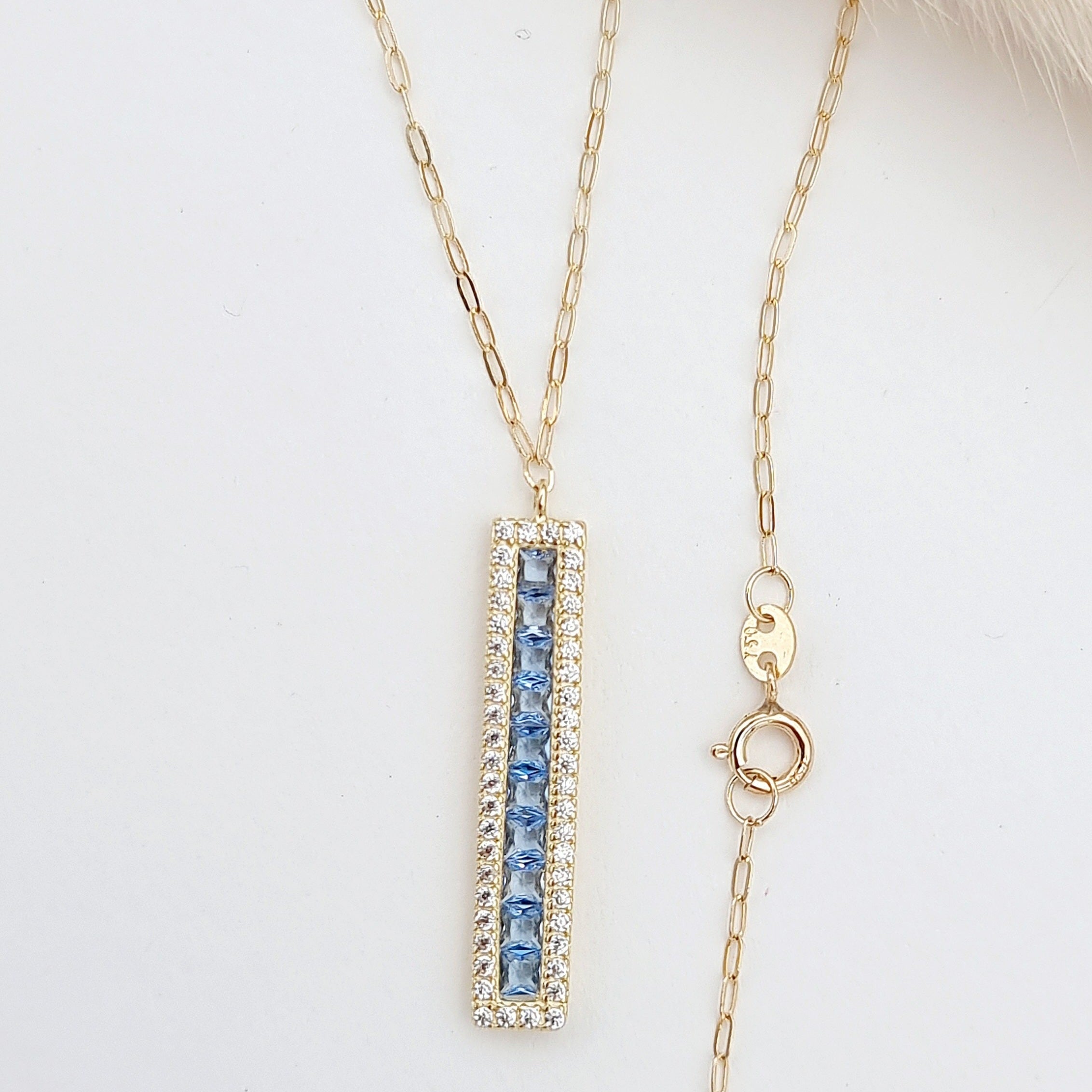 18K Pure Gold Light Blue Long Stone Necklace