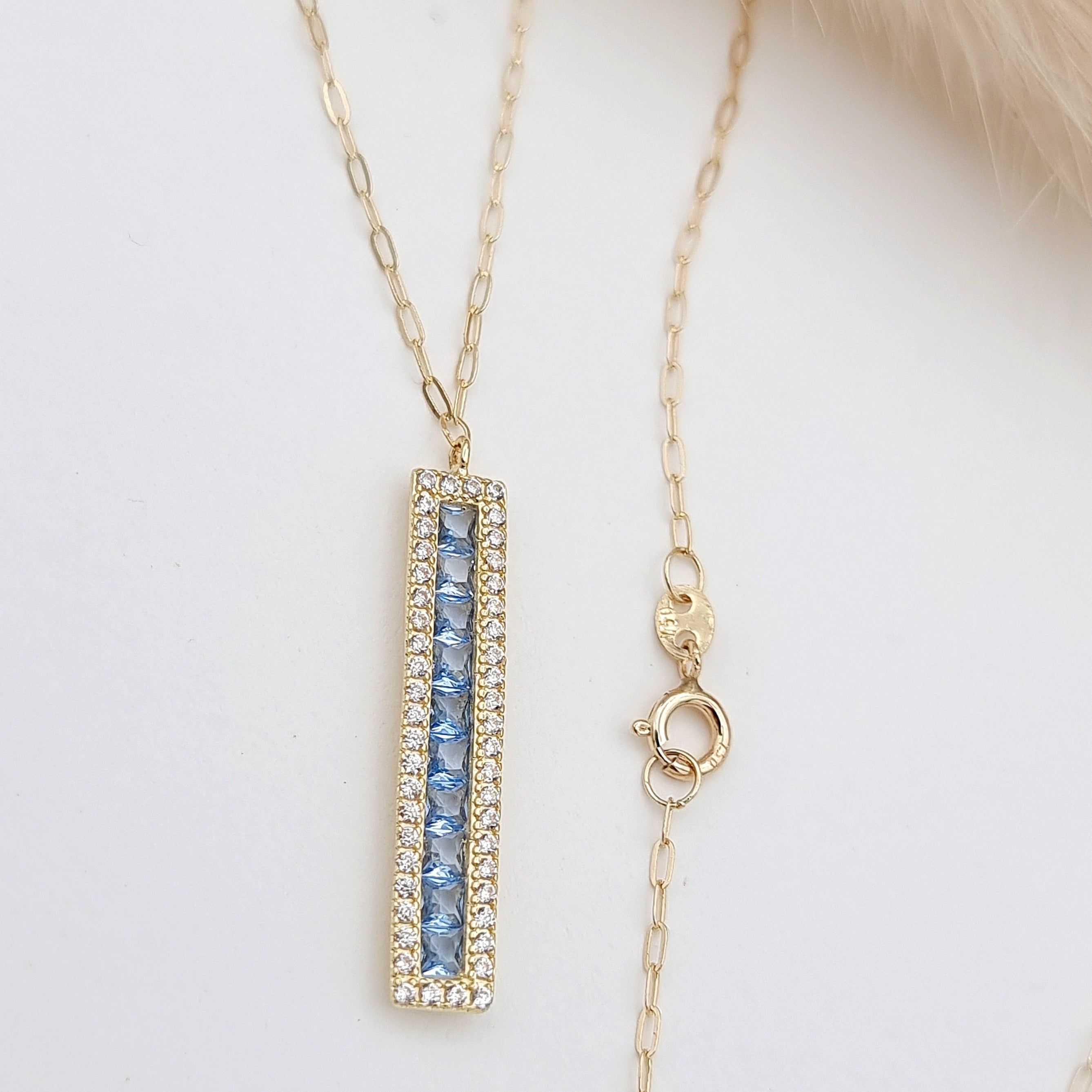 18K Pure Gold Light Blue Long Stone Necklace