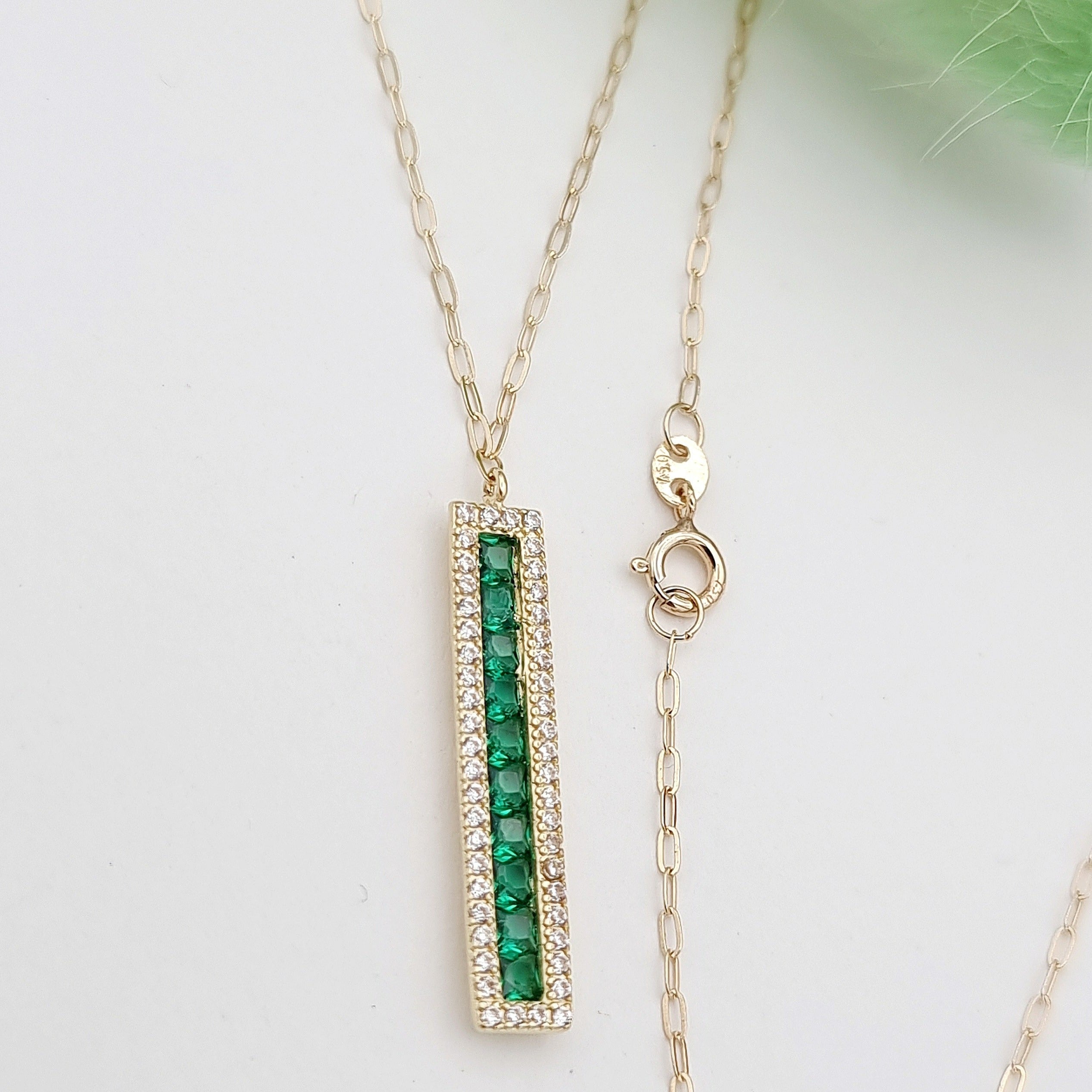 18K Pure Gold Green Long Stone Necklace