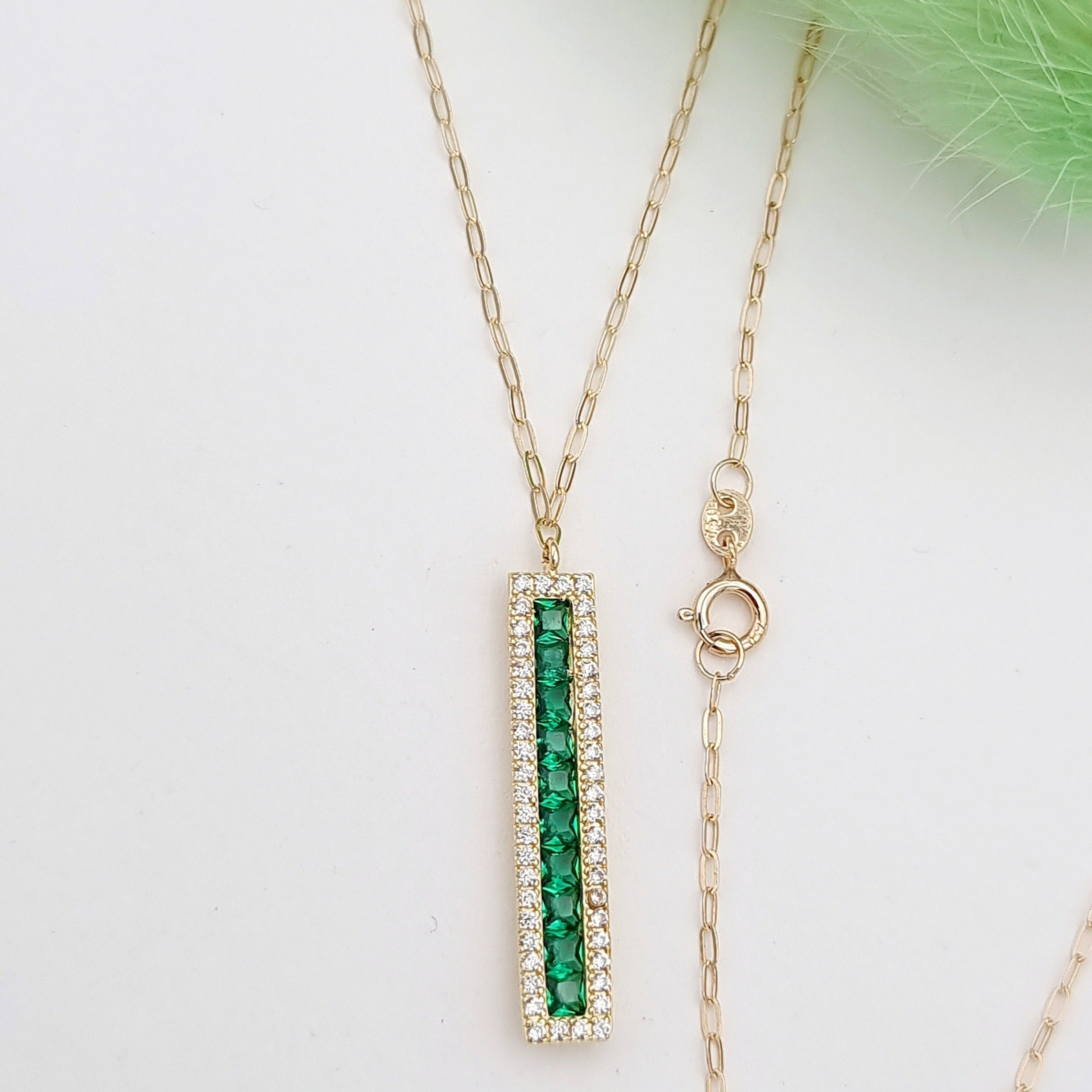 18K Pure Gold Green Long Stone Necklace