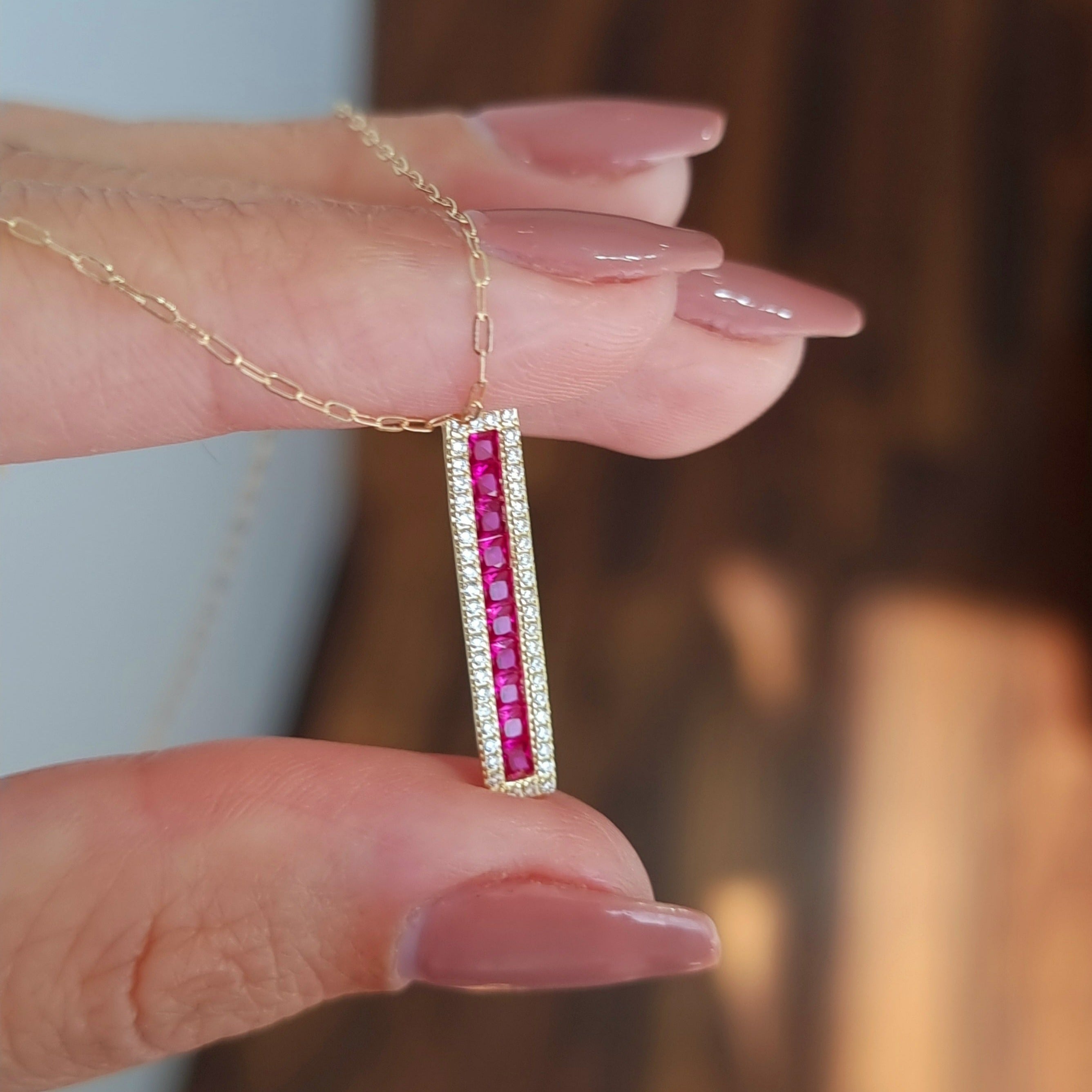18K Pure Gold Pink Long Stone Necklace