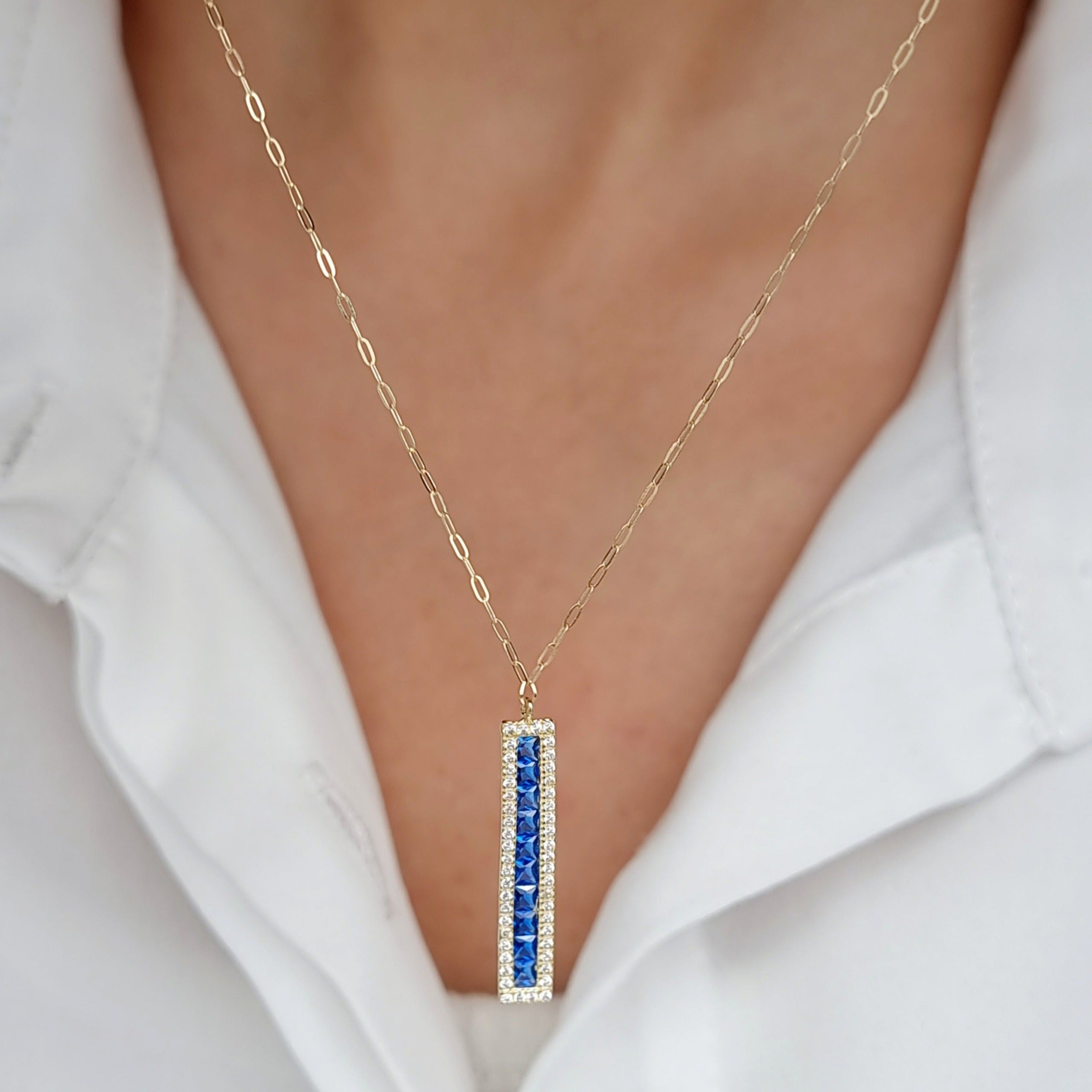 18K Pure Gold Blue Long Stone Necklace