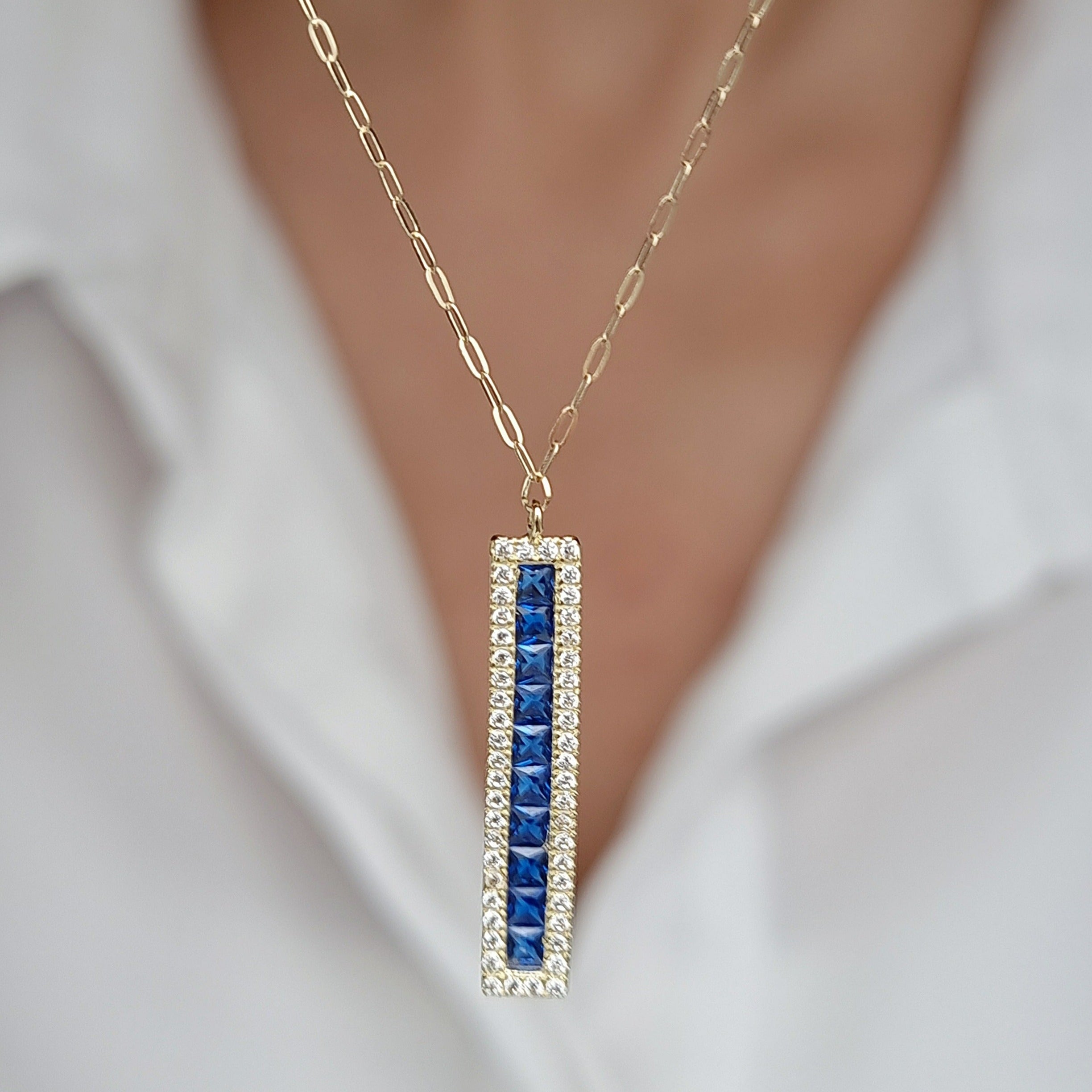 18K Pure Gold Blue Long Stone Necklace