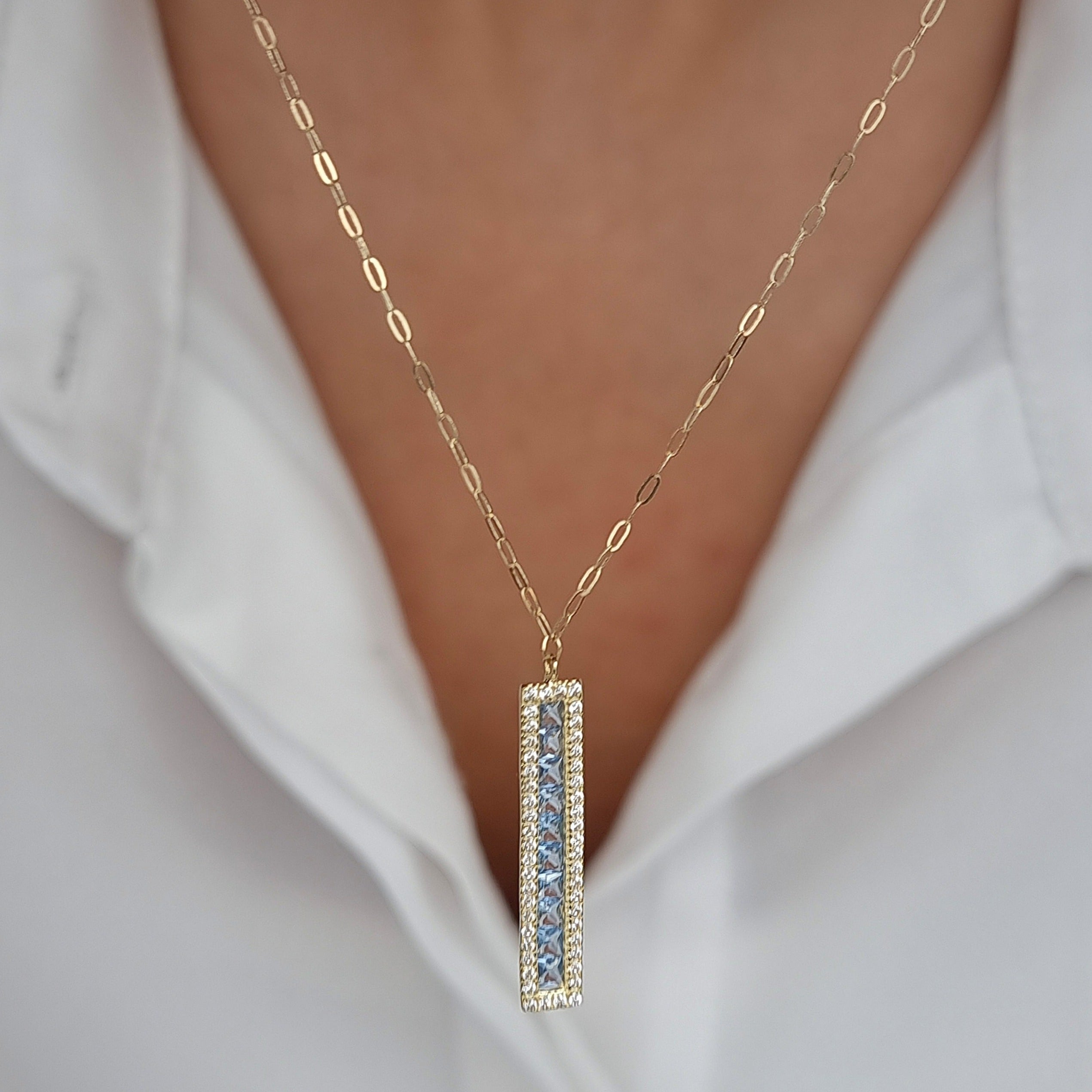 18K Pure Gold Light Blue Long Stone Necklace