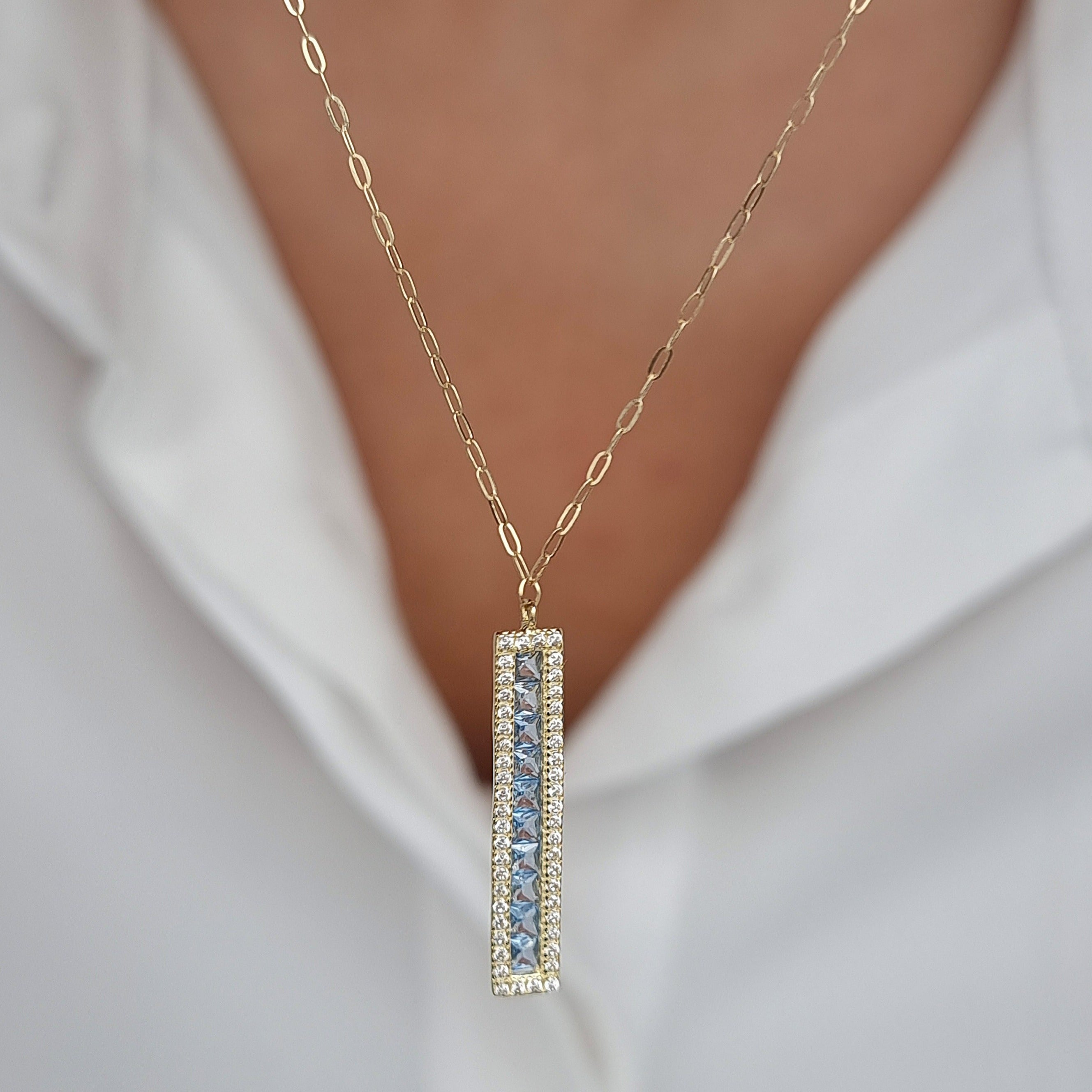 18K Pure Gold Light Blue Long Stone Necklace