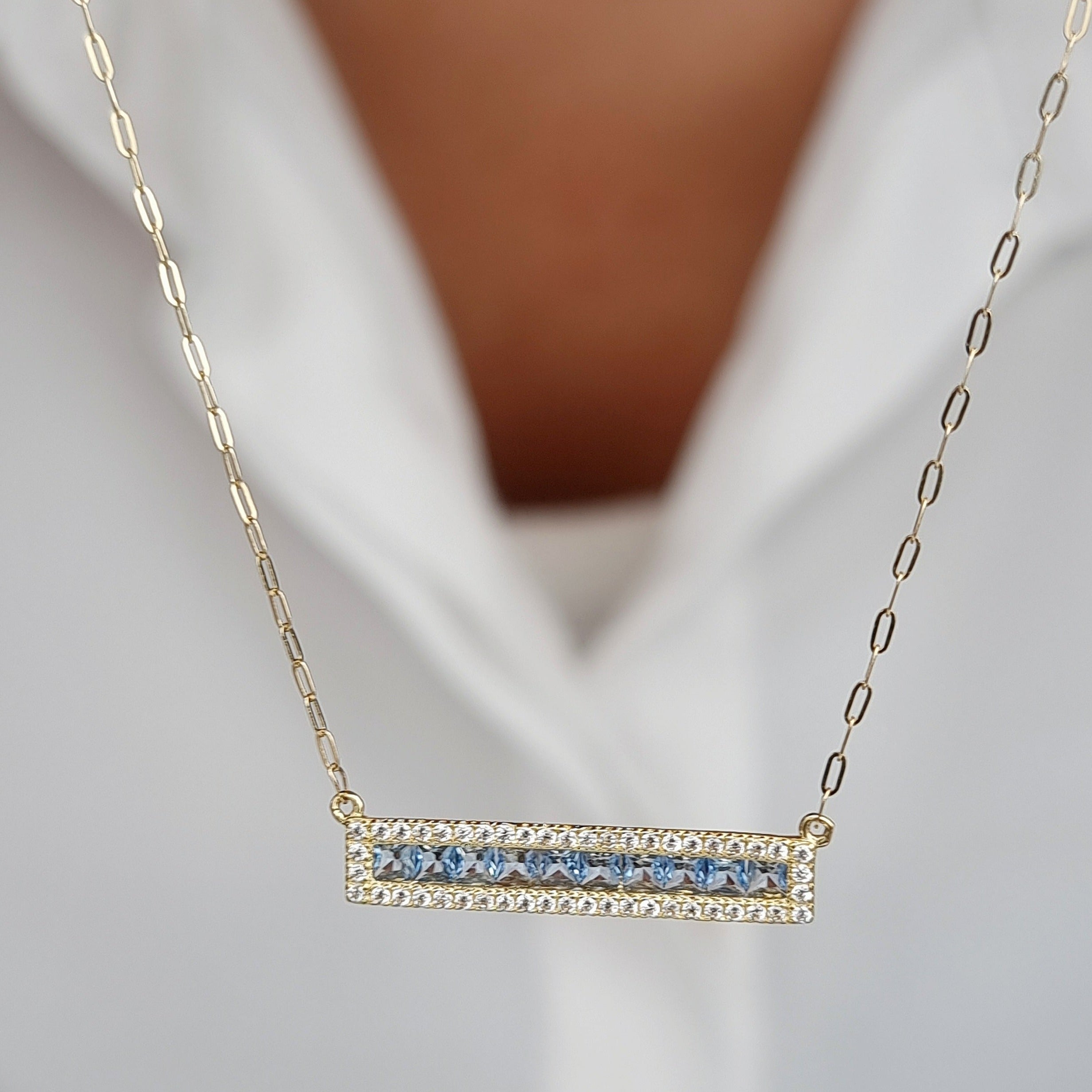 18K Pure Gold Light Blue Long Stone Necklace