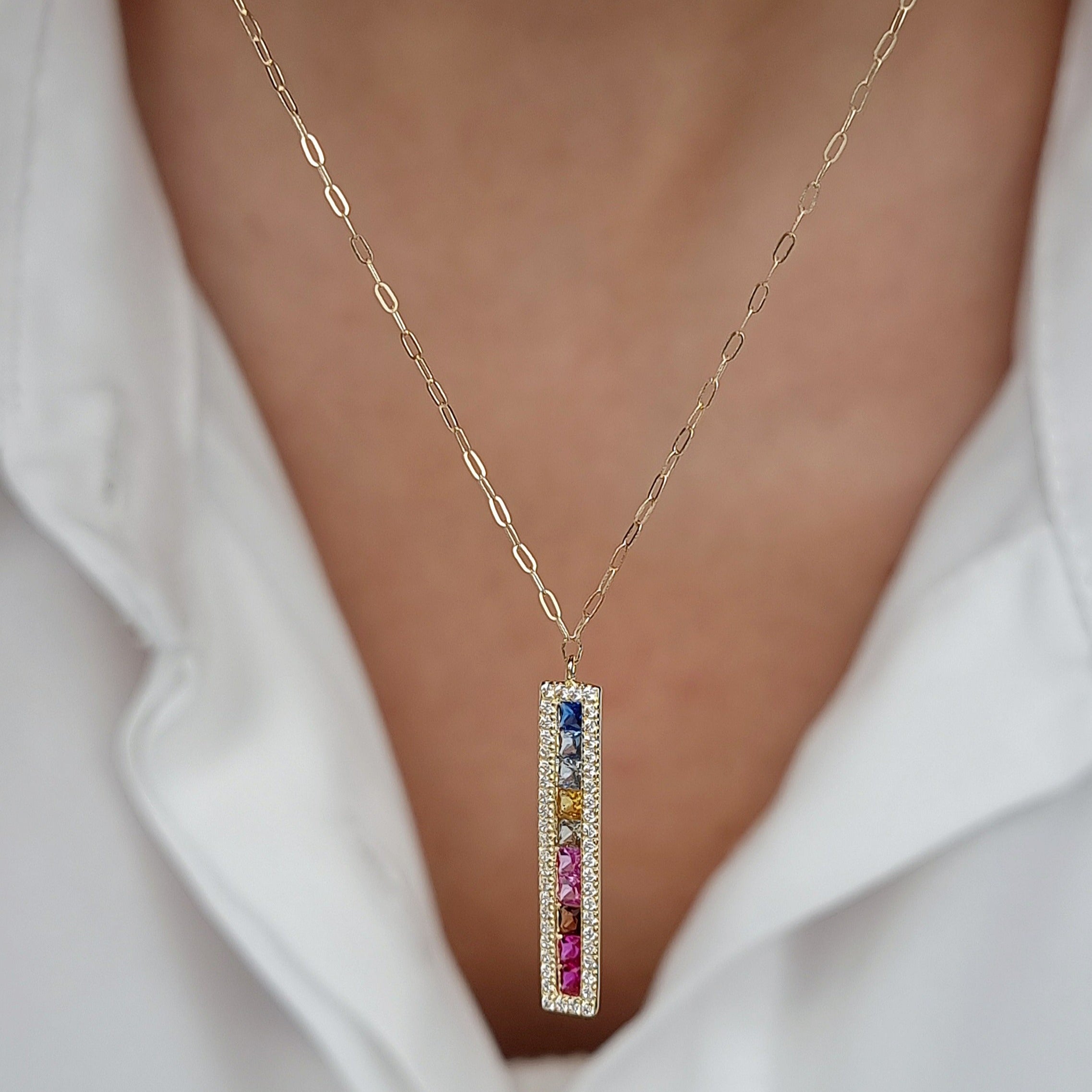 18K Pure Gold Multi Color Long Stone Necklace