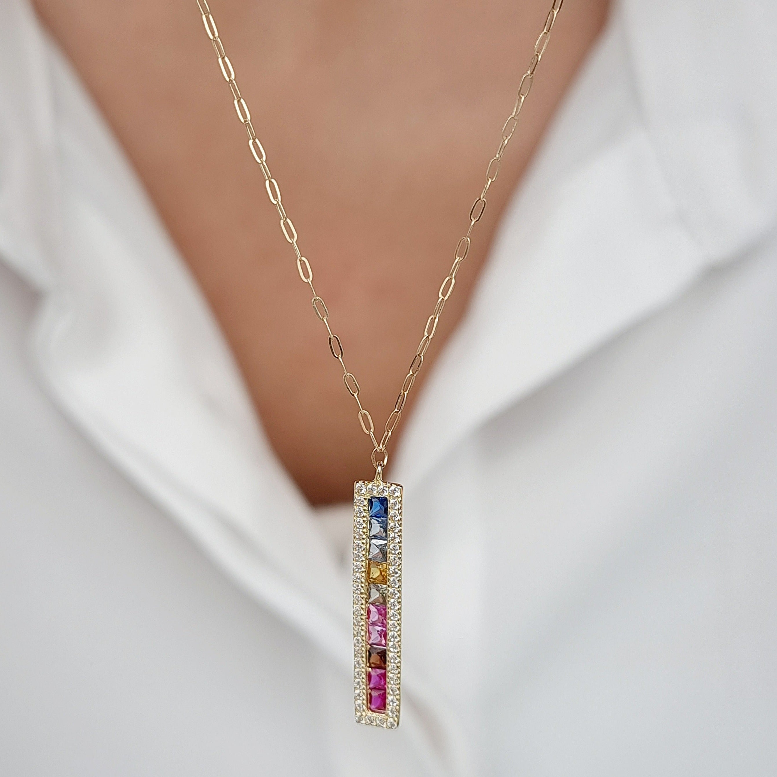 18K Pure Gold Multi Color Long Stone Necklace