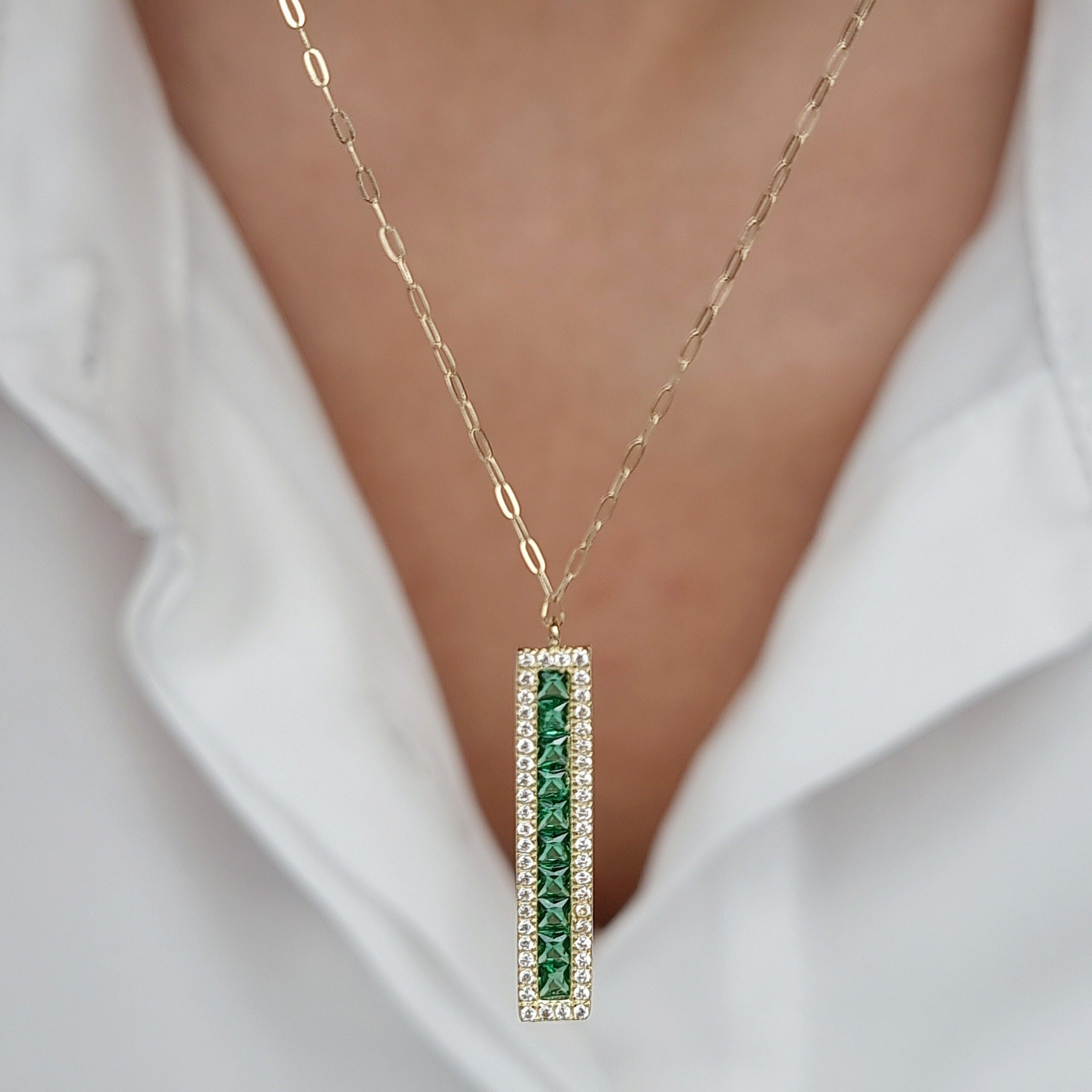 18K Pure Gold Green Long Stone Necklace