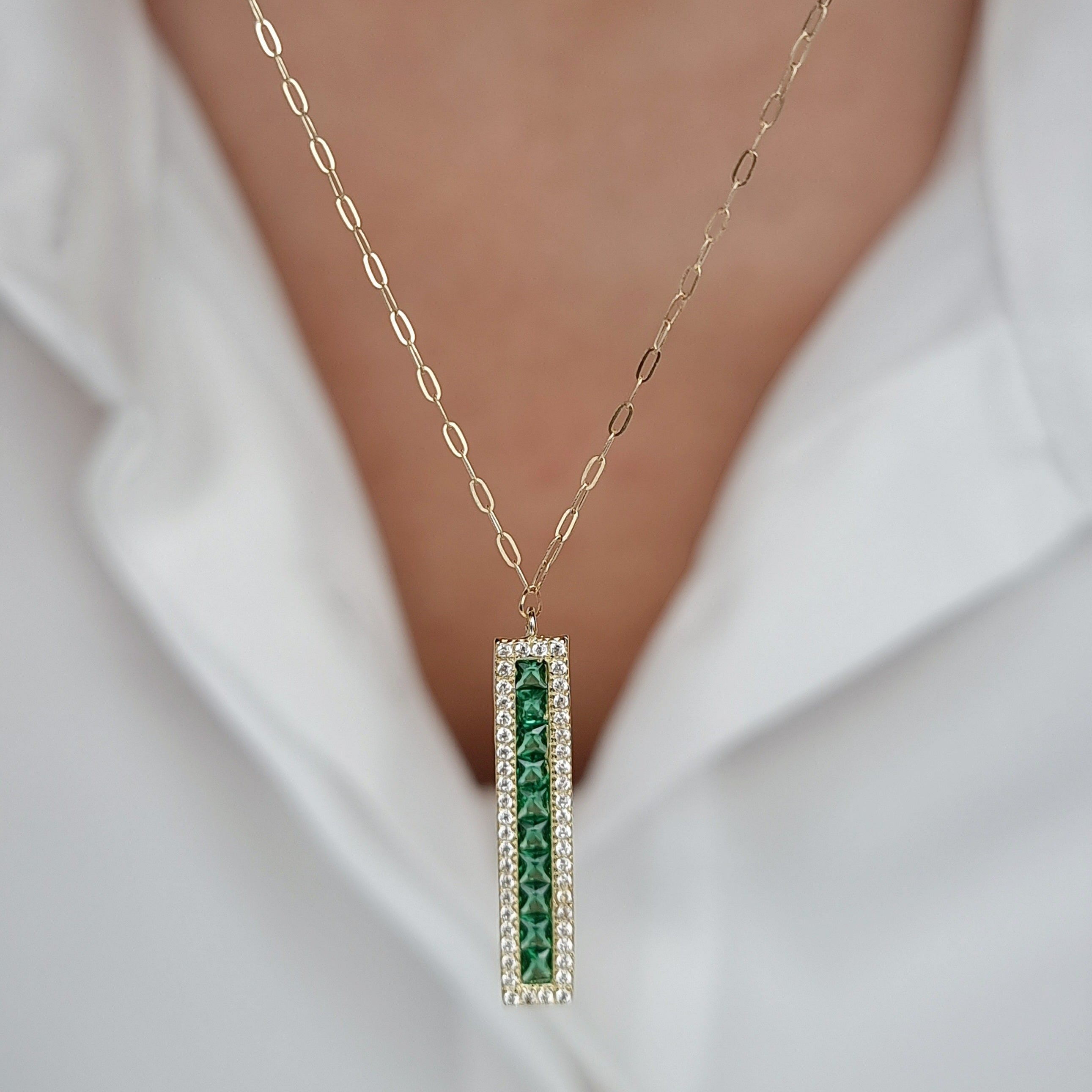 18K Pure Gold Green Long Stone Necklace