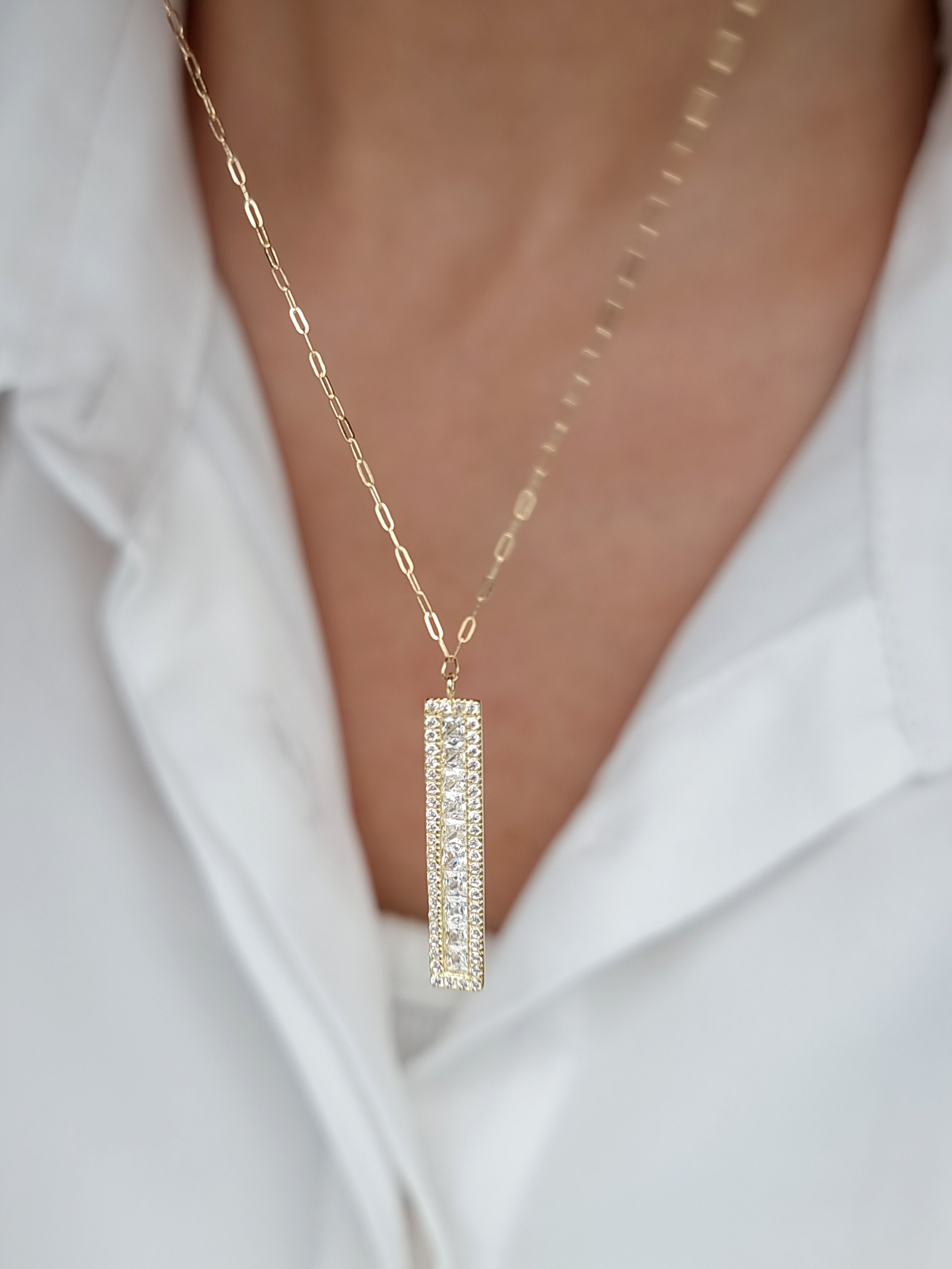 18K Pure Gold White Long Stone Necklace