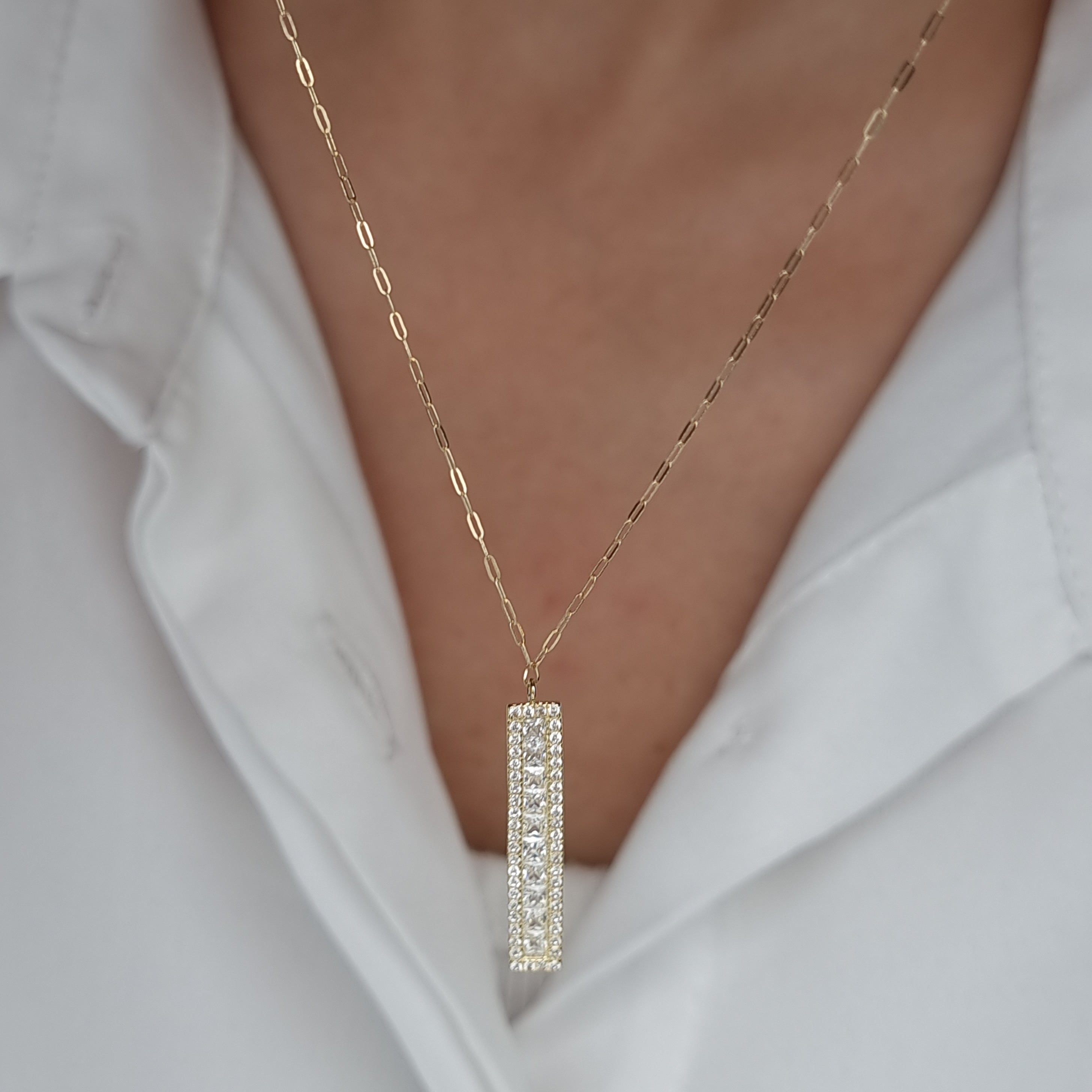 18K Pure Gold White Long Stone Necklace