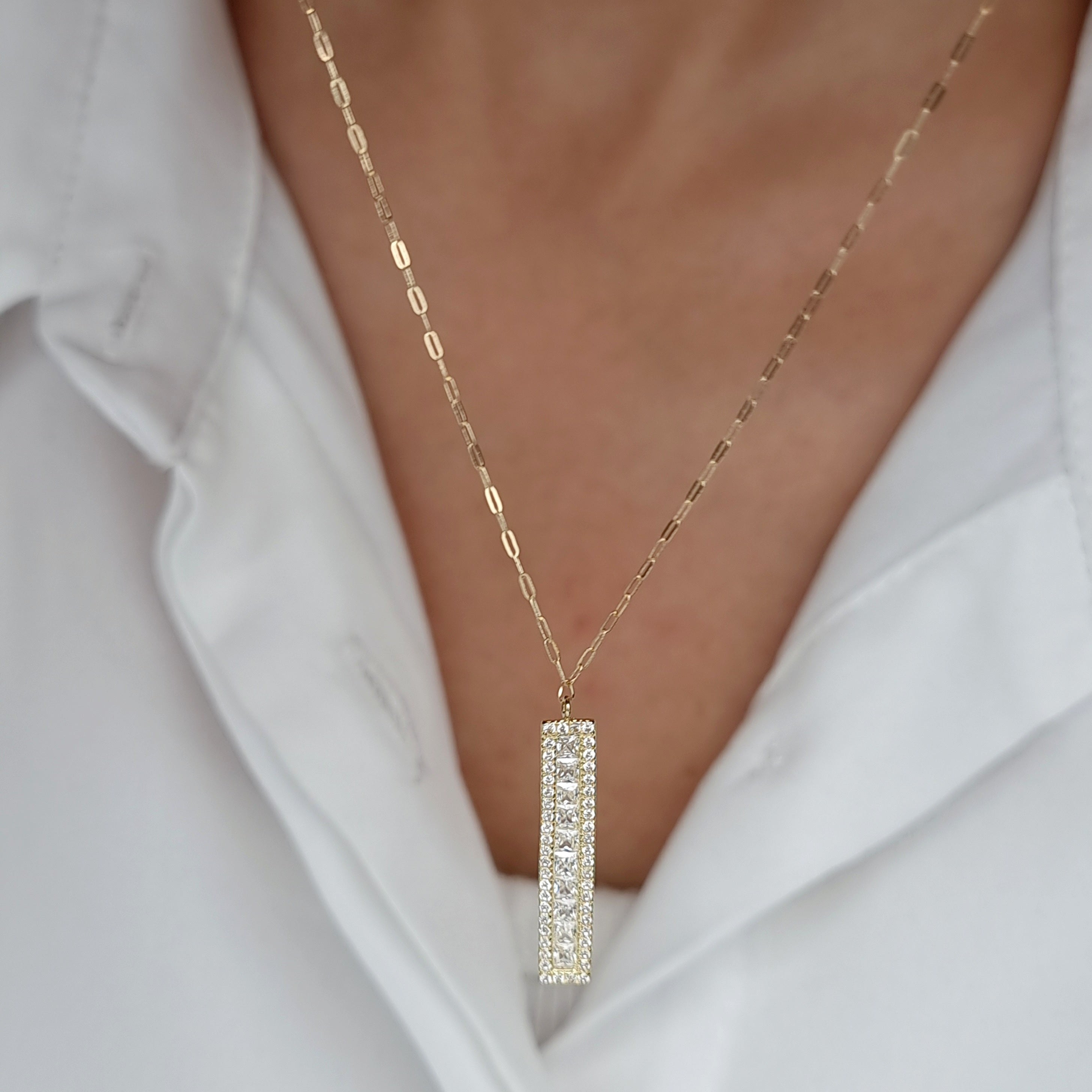 18K Pure Gold White Long Stone Necklace