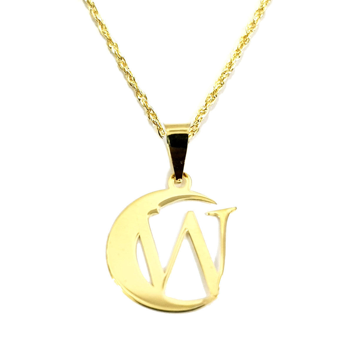 18K Pure Gold Halfmoon Letter W Design Necklace