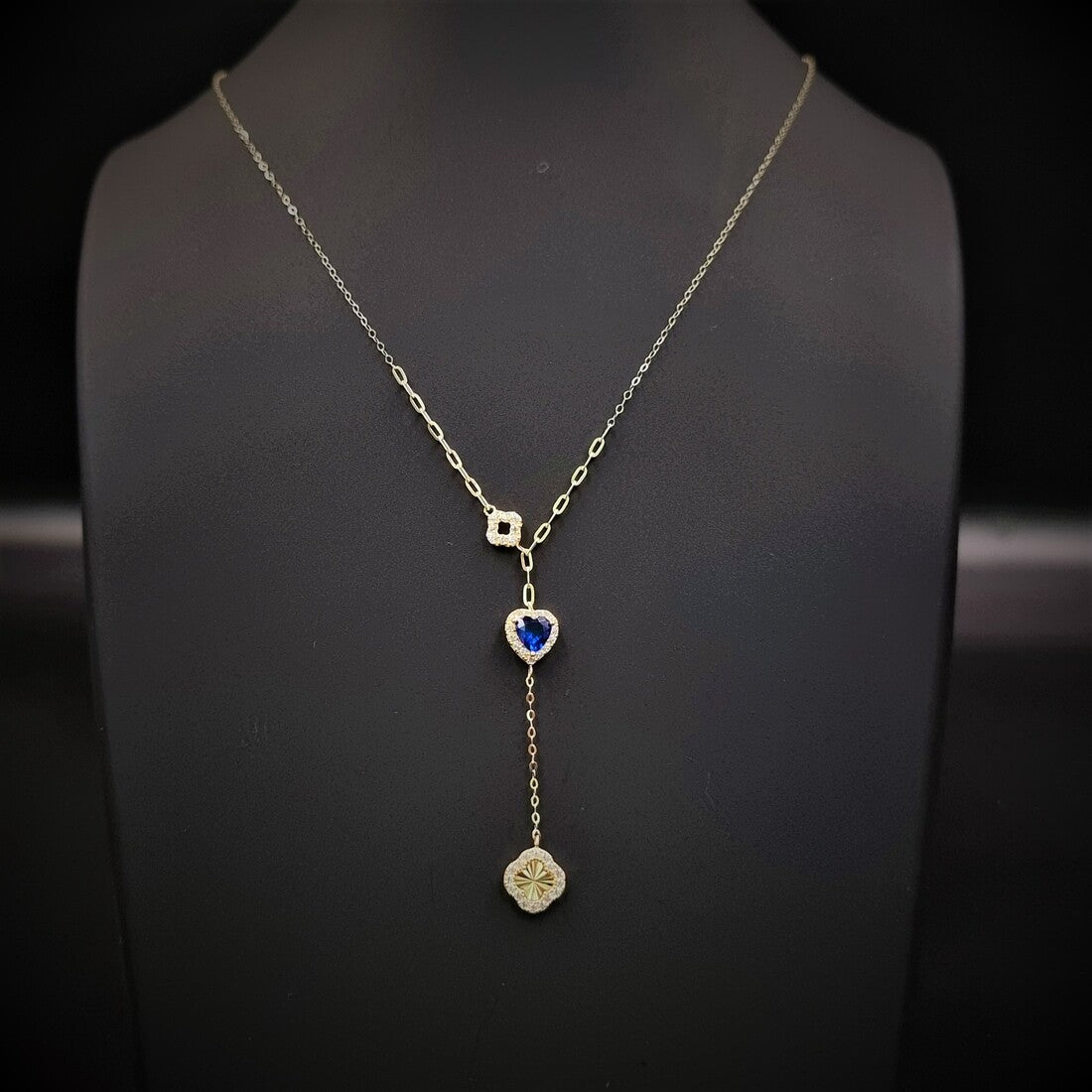 18K Pure Gold Blue Heart Stone Casual Necklace