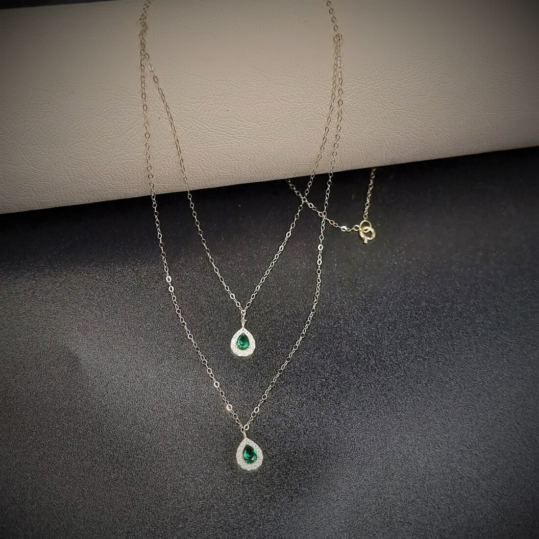 18K Pure Gold 2 Layer Green Stone Necklace