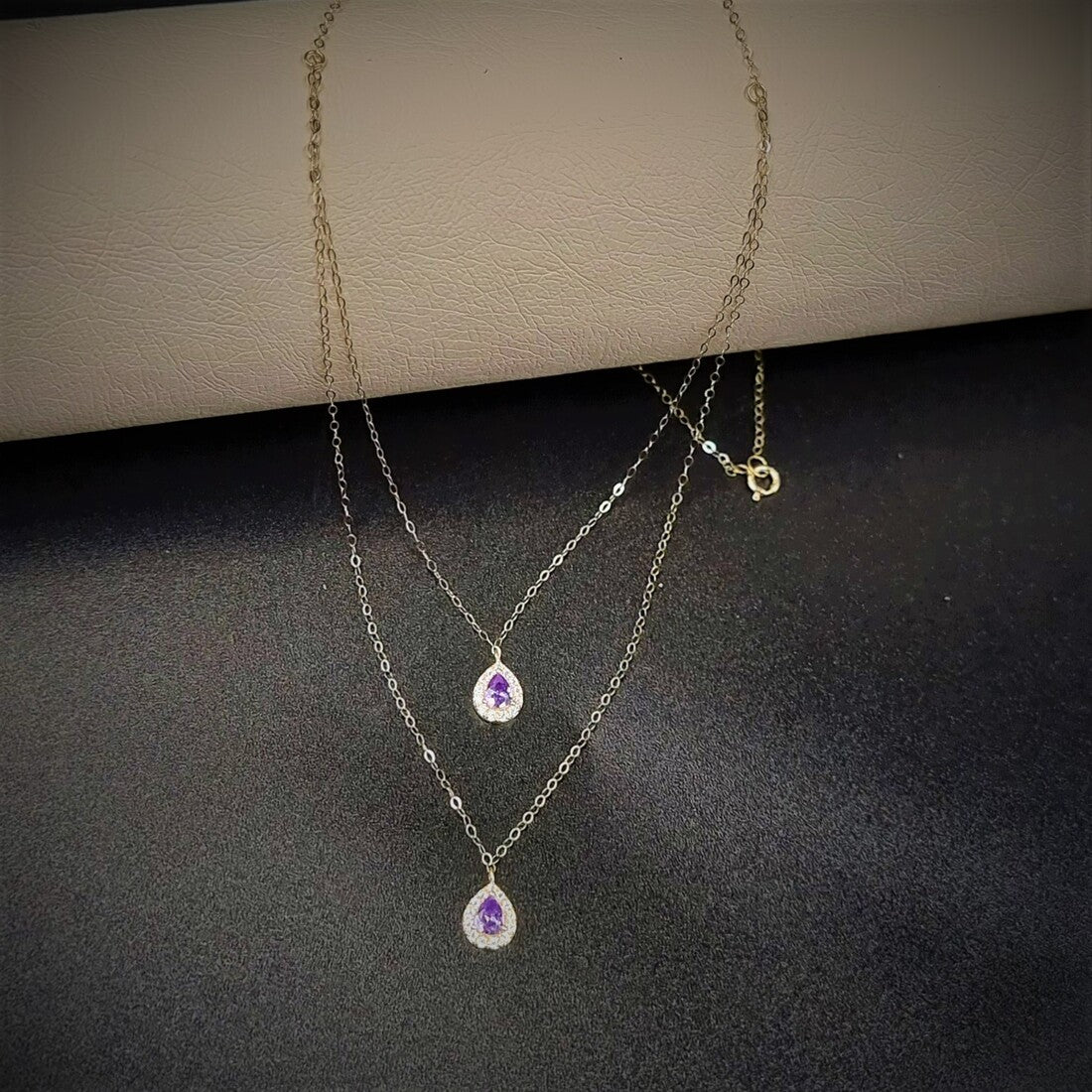 18K Pure Gold 2 Layer Purple Stone Necklace