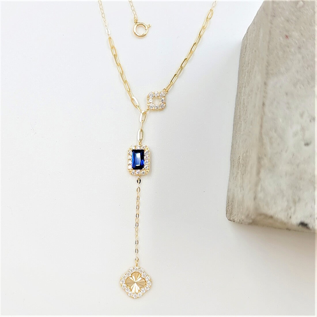 18K Pure Gold Blue Rectangular Stone Necklace