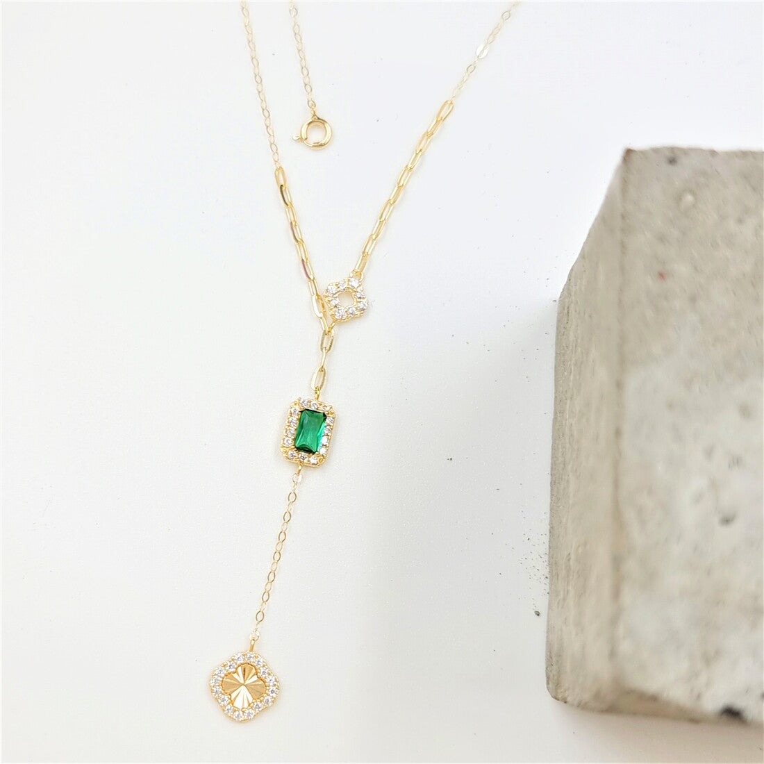 18K Pure Gold Green Rectangular Stone Necklace