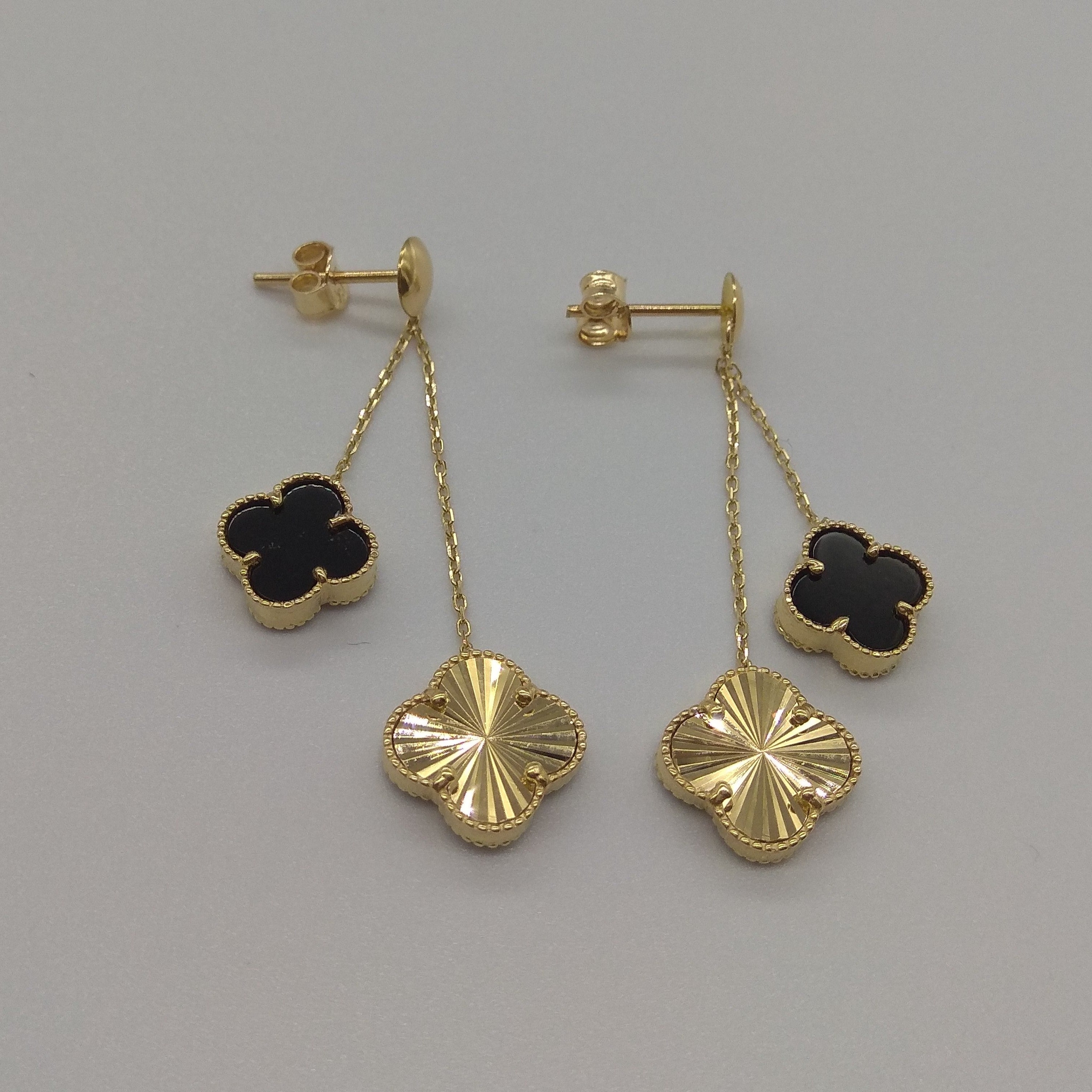 18K Pure Gold Dangling V.C Black Earring Set