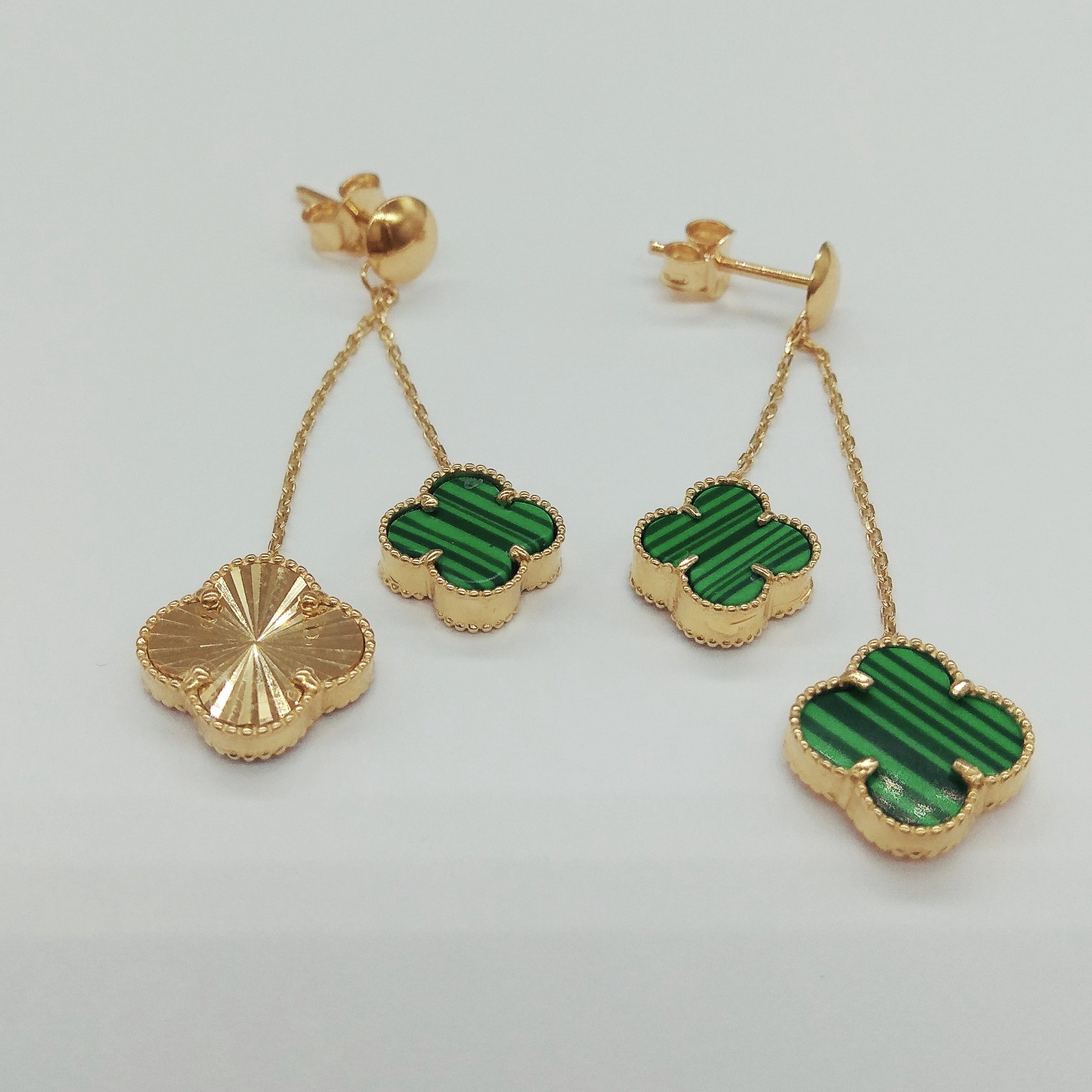 18K Pure Gold Dangling V.C Green Earring Set