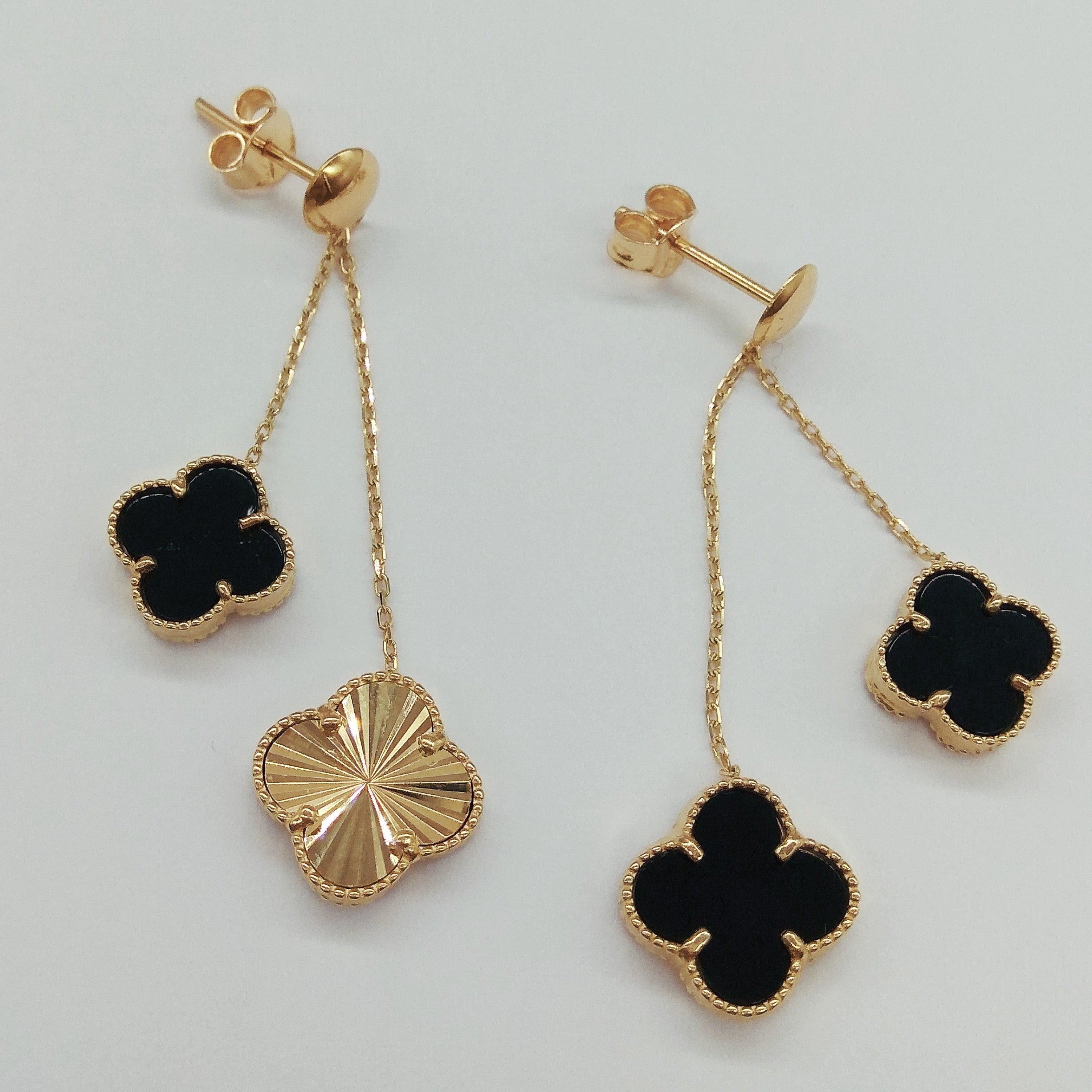 18K Pure Gold Dangling V.C Black Earring Set