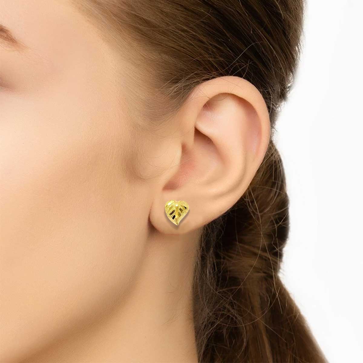 18K Pure Gold Heart Screw Lock Stud Earrings