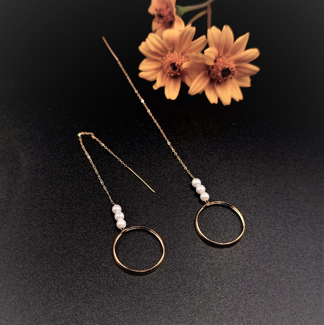 18K Pure Gold Ring w/ Pearl Dangling Earrings