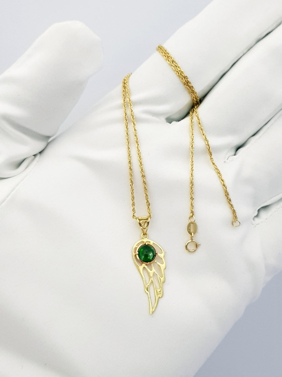 18K Pure Gold Wings Green Stone Necklace