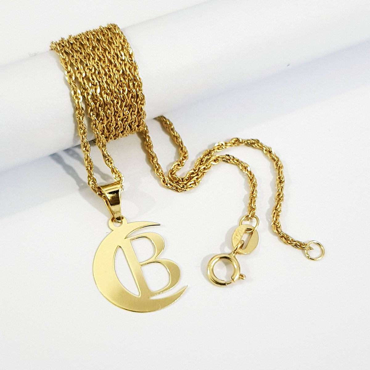 18K Pure Gold Halfmoon Letter B Design Necklace