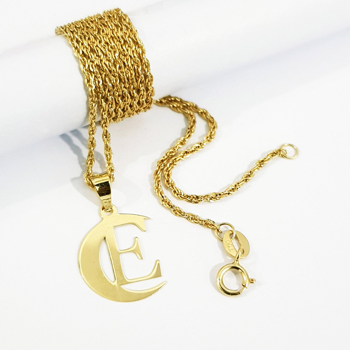 18K Pure Gold Halfmoon Letter E Design Necklace