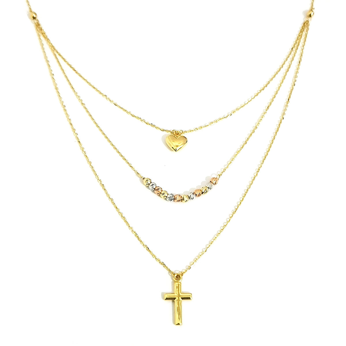 18K Pure Gold 3 Layer Heart Beads Cross Necklace