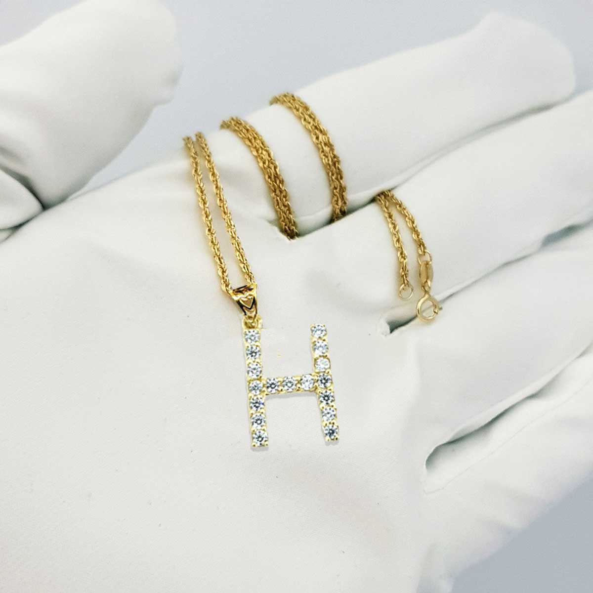 18K Pure Gold Letter H Design w/ Zircon Stone Necklace