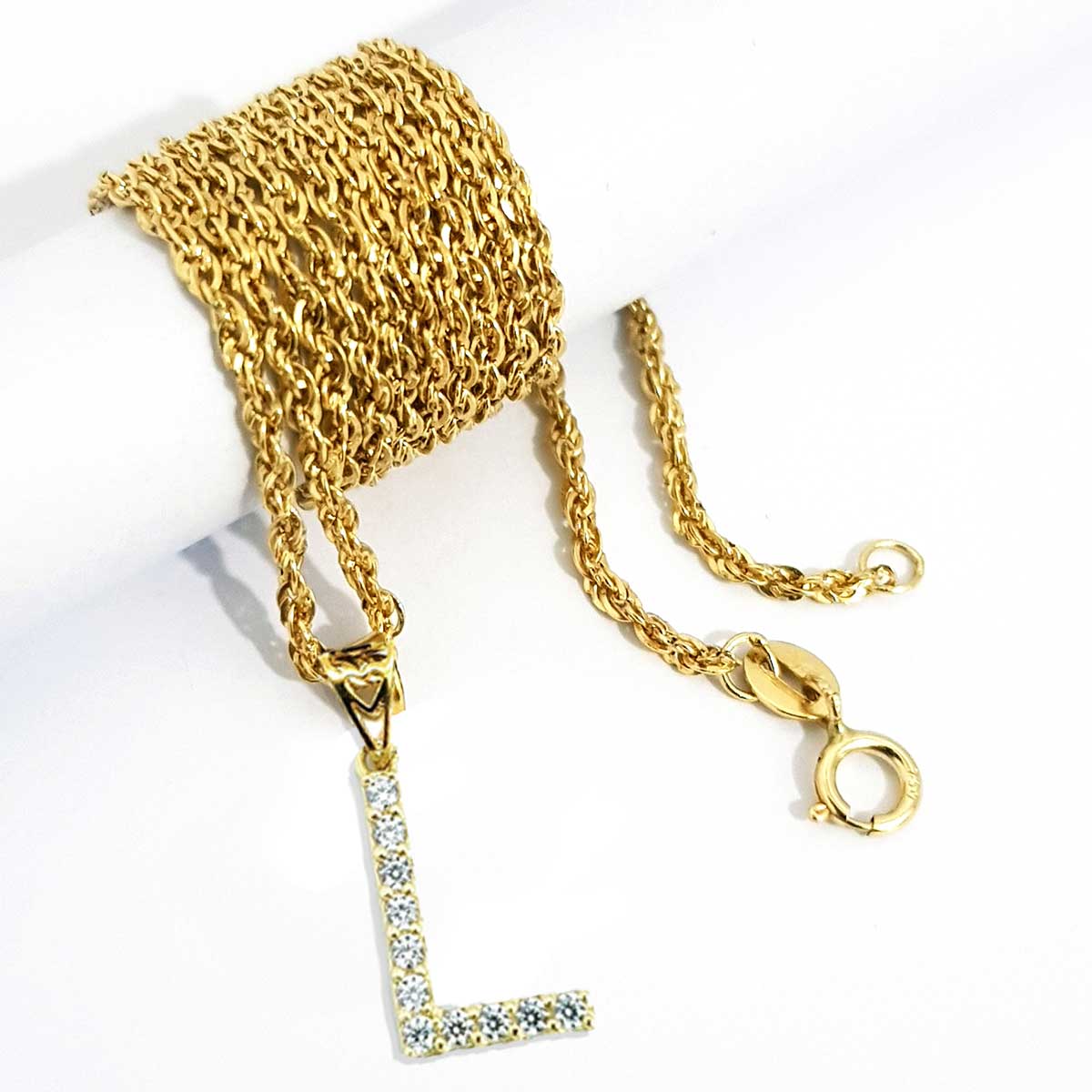 18K Pure Gold Letter L Design w/ Zircon Stone Necklace