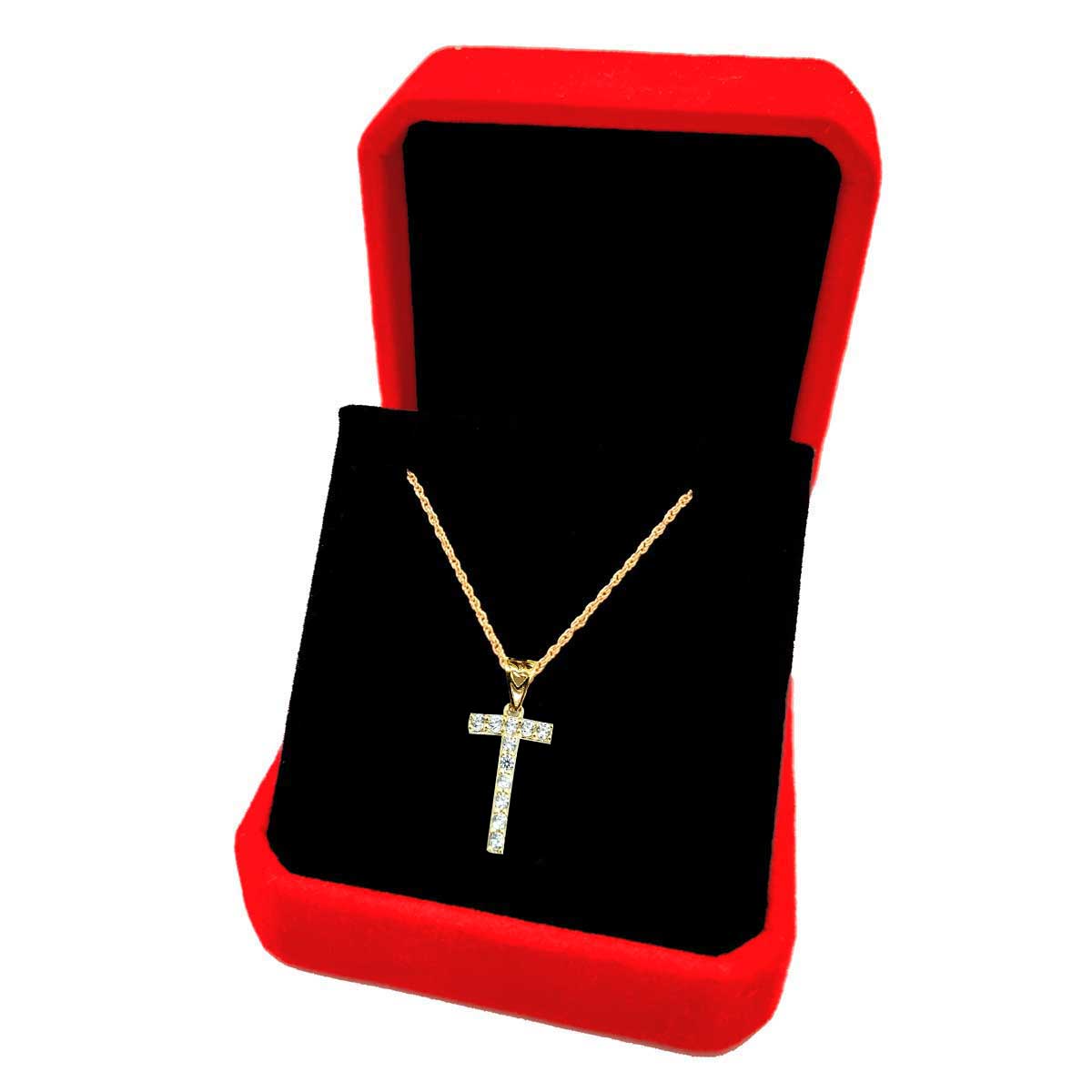 18K Pure Gold Letter T Design w/ Zircon Stone Necklace