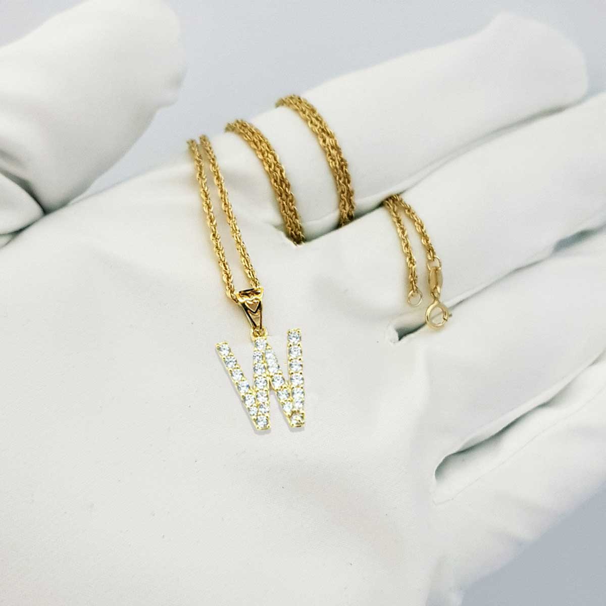 18K Pure Gold Letter W Design w/ Zircon Stone Necklace