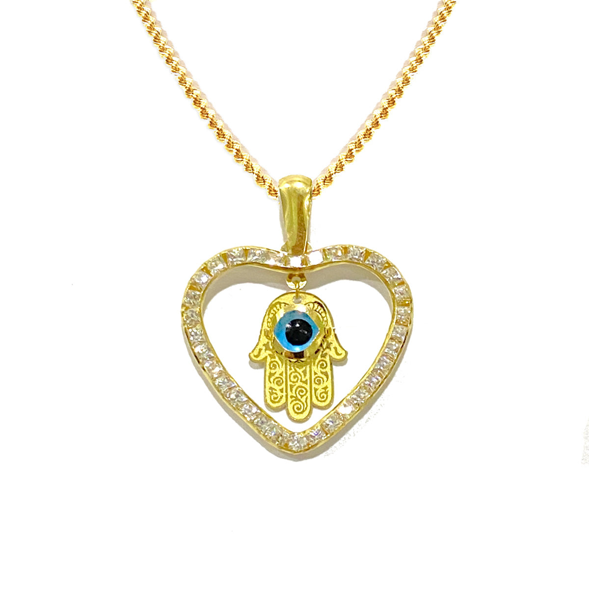 18k Pure Gold Heart Hand w/ Zircon Stone Pendant Necklace