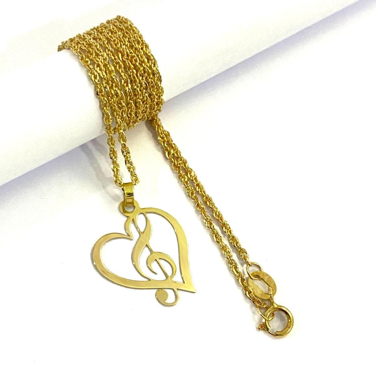 18K Pure Gold Heart w/ G-Clef Design Pendant Necklace