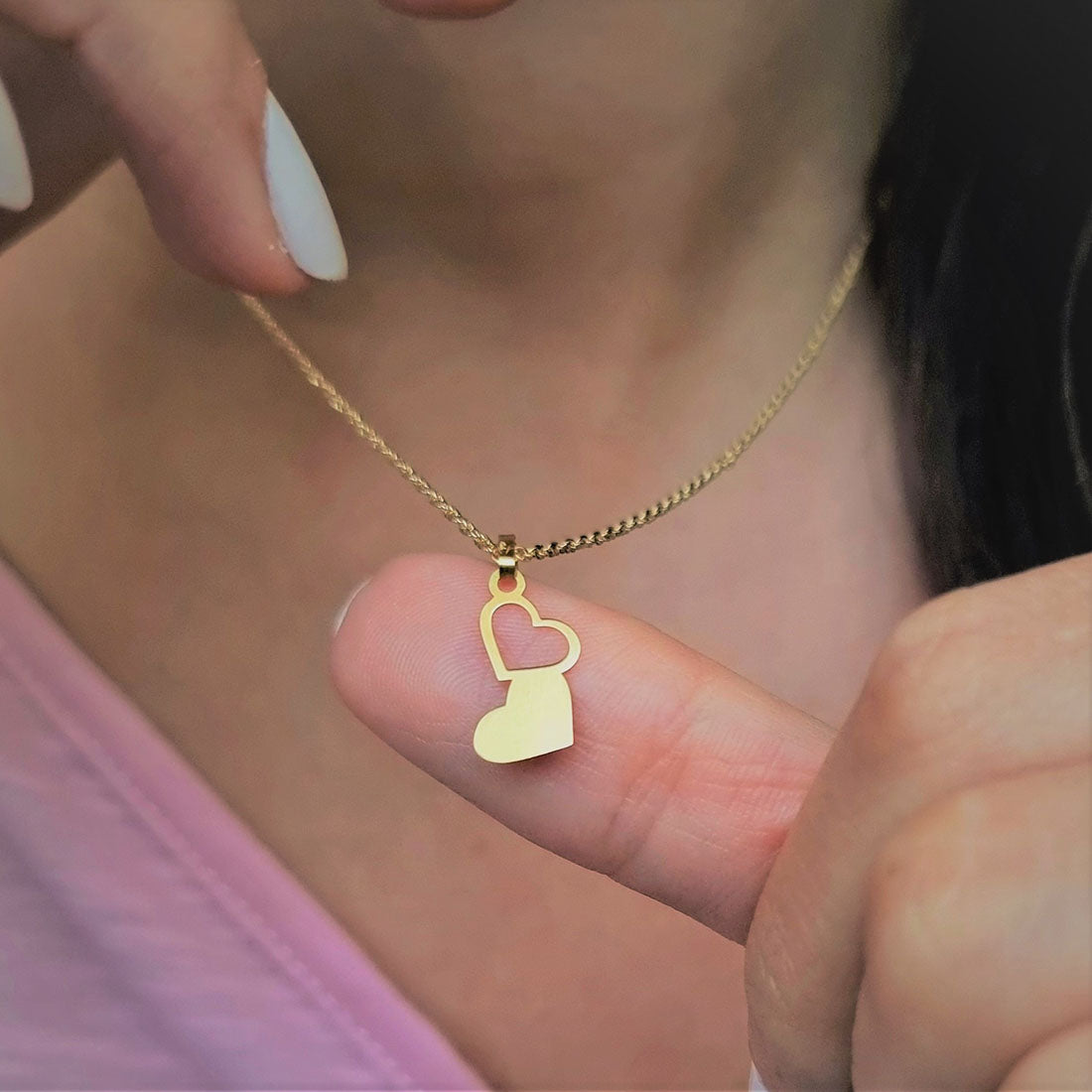 18K Pure Gold Double Heart Design Pendant Necklace